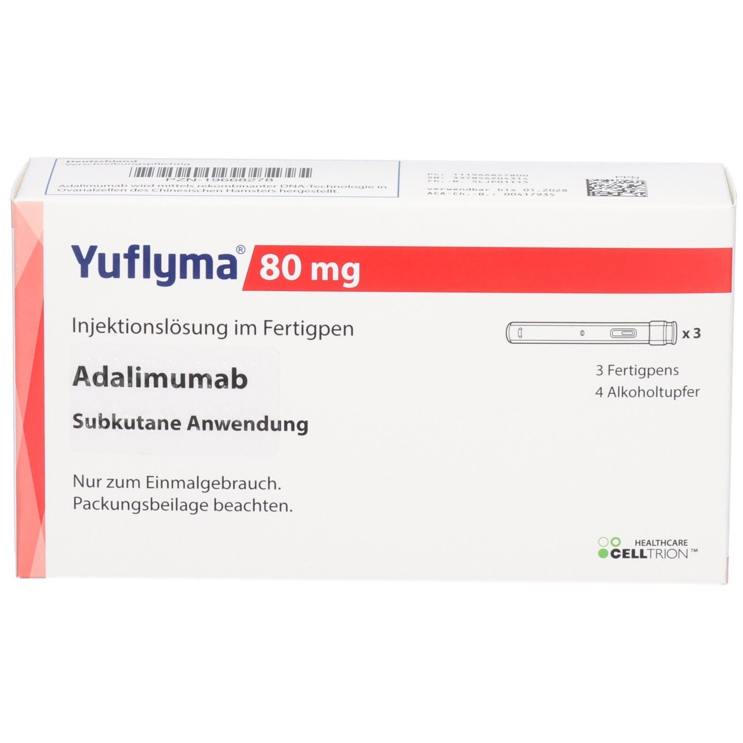 YUFLYMA 80 mg Fertigpen-Packung mit 3 Pens und 4 Alkoholtupfern. Adalimumab zur subkutanen Anwendung.
