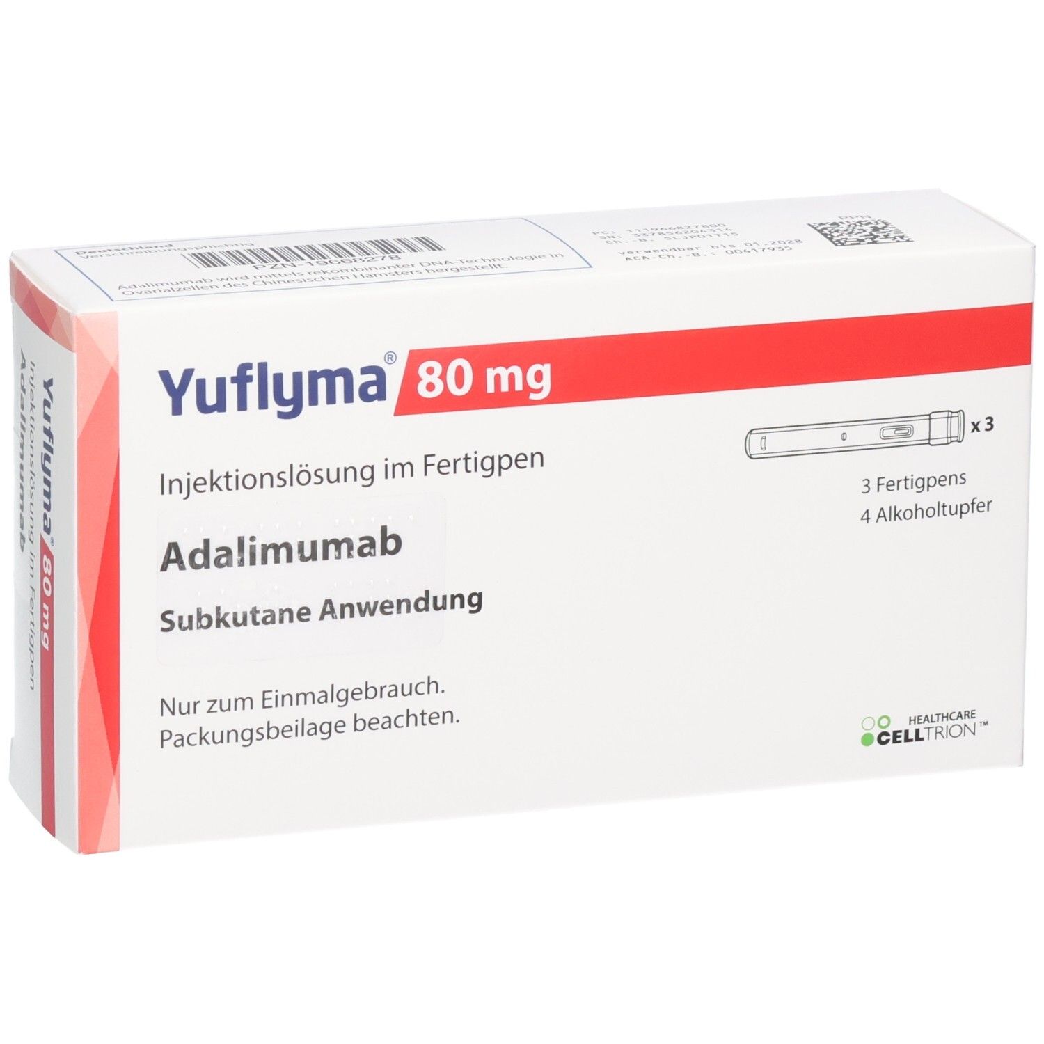YUFLYMA 80 mg Fertigpen-Packung mit 3 Pens und 4 Alkoholtupfern. Adalimumab zur subkutanen Anwendung.