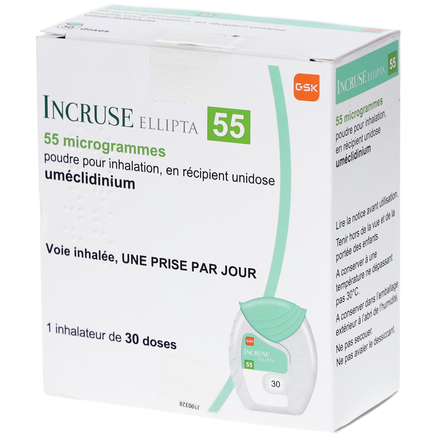 Schachtel mit INCRUSE Ellipta 55 µg. Text: 55 Mikrogramm, Pulver zur Inhalation, 1 Inhalator mit 30 Dosen. Grün-weiße Farbgebung.