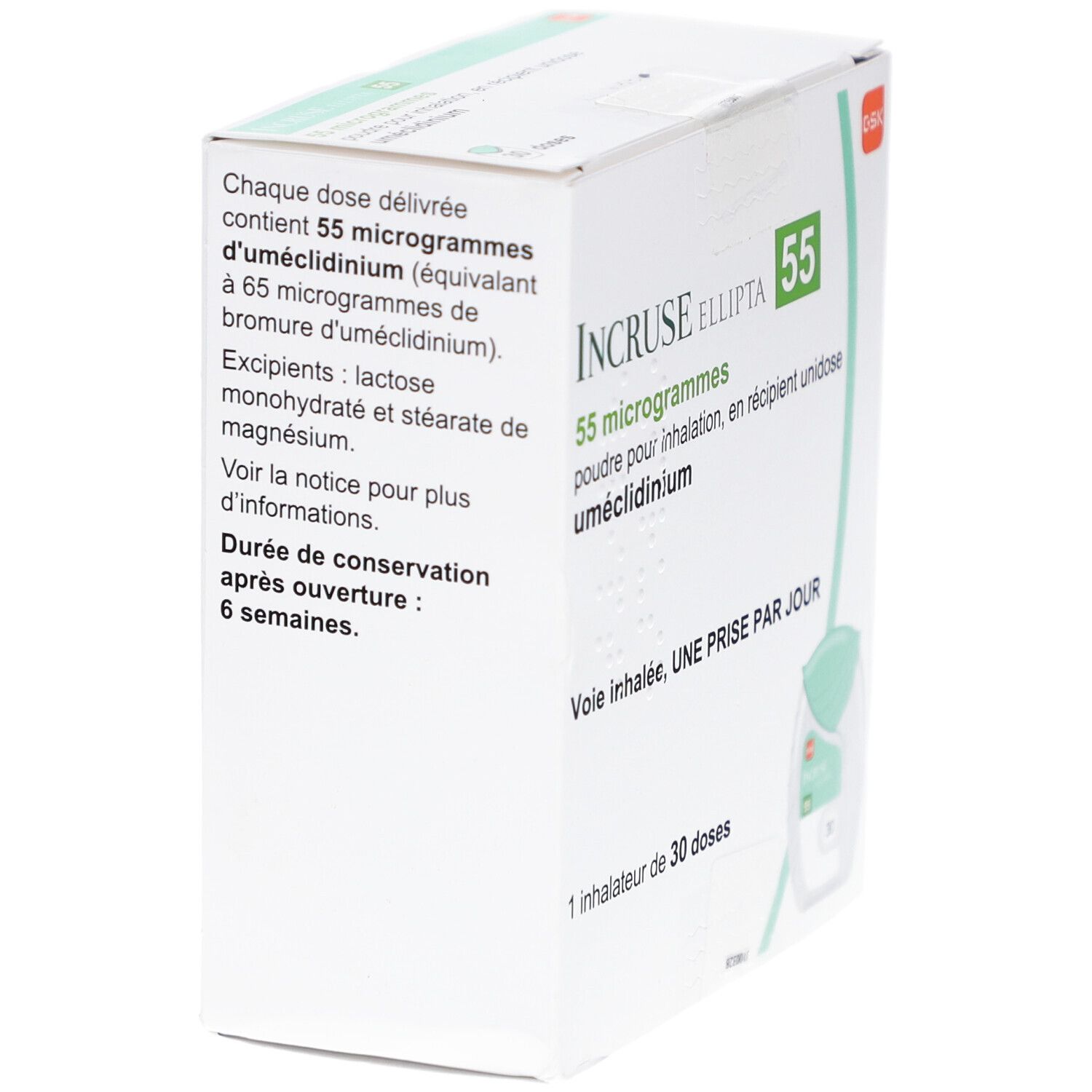 Schachtel INCRUSE Ellipta 55 µg. Text: 55 Mikrogramm, Pulver zur Inhalation, 1 Inhalator mit 30 Dosen. Seitenansicht.