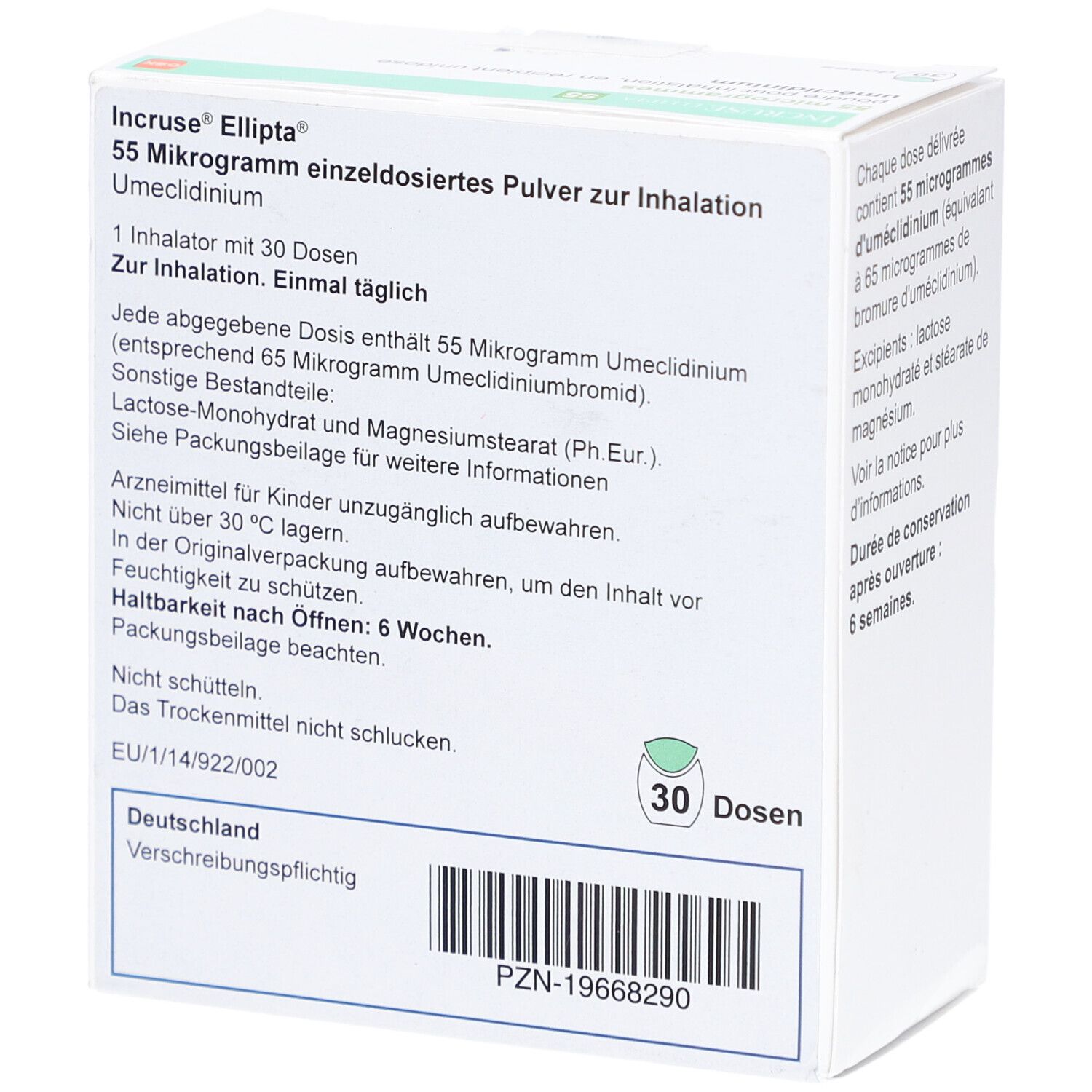 Schachtel INCRUSE Ellipta 55 µg. Text: 55 Mikrogramm, Pulver zur Inhalation, 1 Inhalator mit 30 Dosen. Detailansicht der Rückseite.