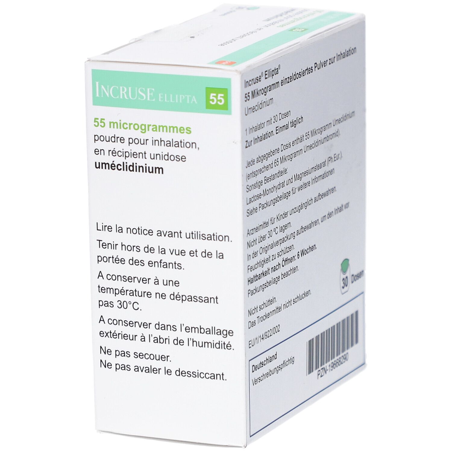 Schachtel INCRUSE Ellipta 55 µg. Text: 55 Mikrogramm, Pulver zur Inhalation, 1 Inhalator mit 30 Dosen. Detailansicht der Rückseite.