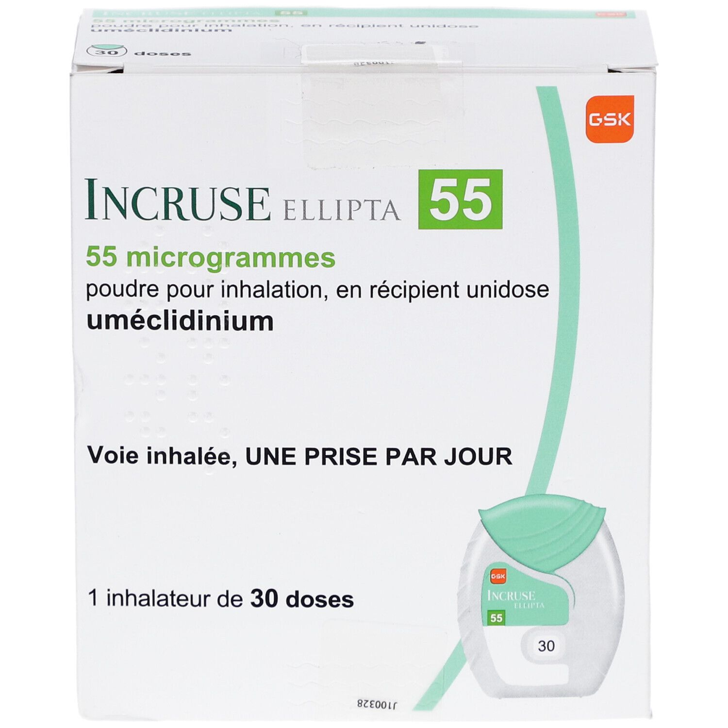 Schachtel INCRUSE Ellipta 55 µg. Text: 55 Mikrogramm, Pulver zur Inhalation, 1 Inhalator mit 30 Dosen. Grün-weiße Farbgebung.