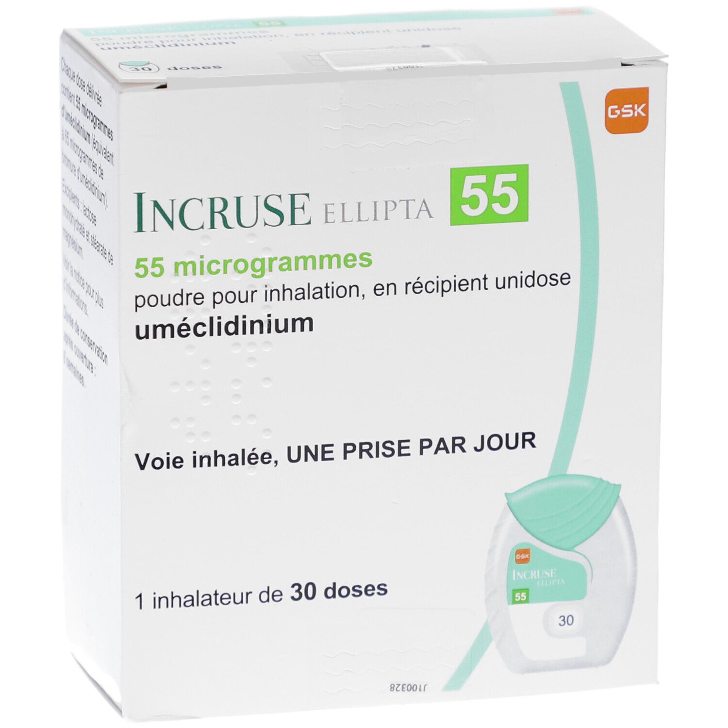 Schachtel INCRUSE Ellipta 55 µg. Text: 55 Mikrogramm, Pulver zur Inhalation, 1 Inhalator mit 30 Dosen. Grün-weiße Farbgebung.