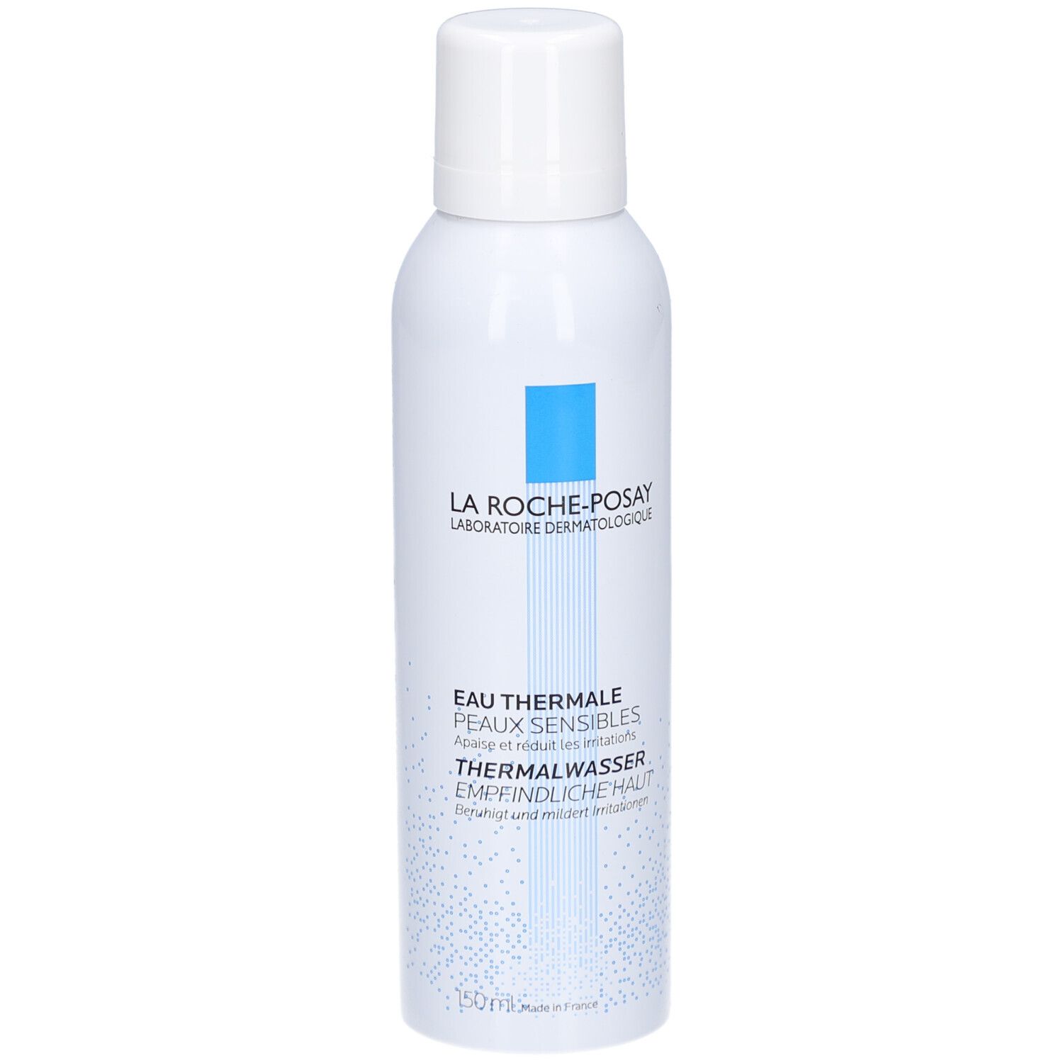 Weißes Spray mit blauem Logo und Schriftzug. Produktname: Thermalwasser. Für empfindliche Haut. Hersteller: La Roche-Posay.