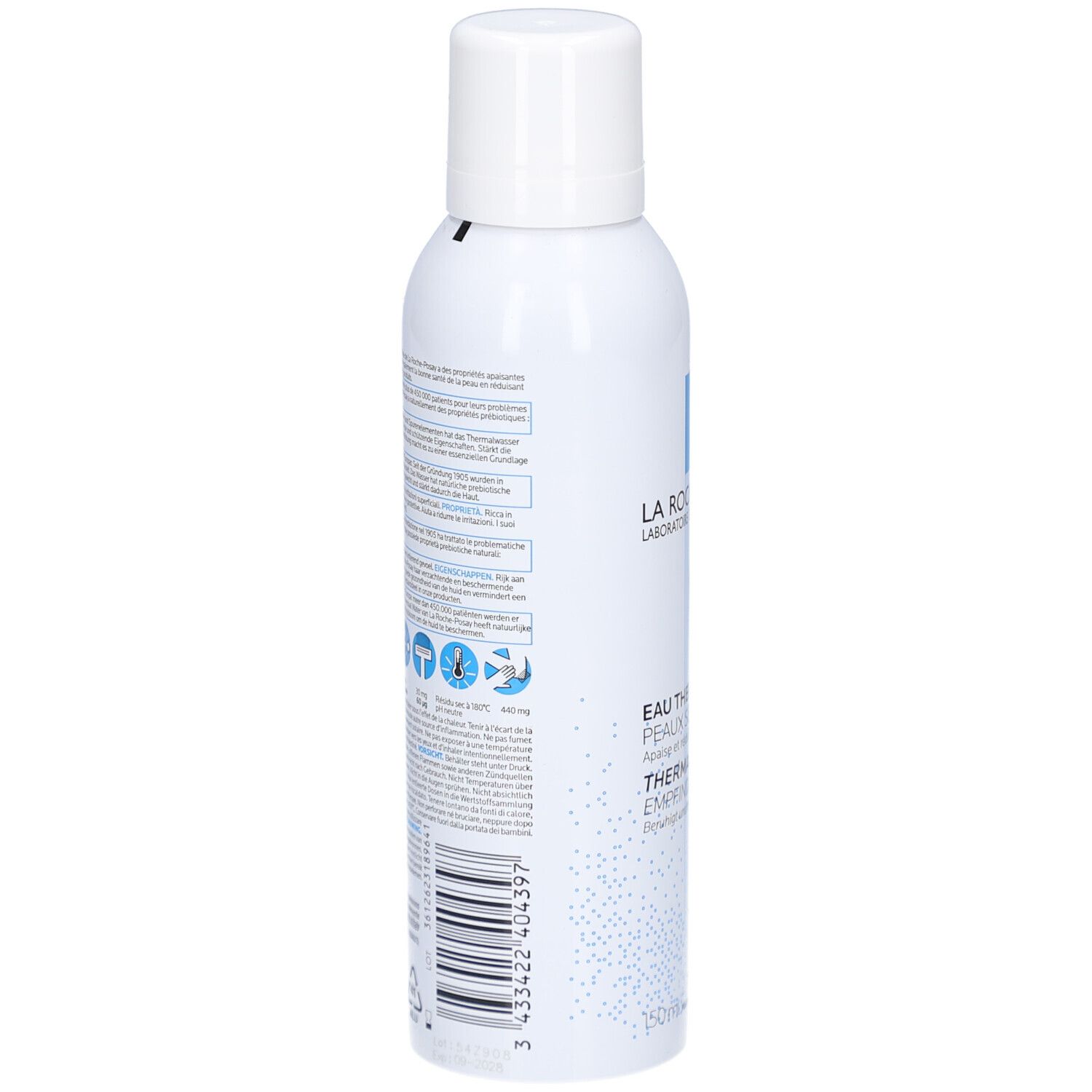 Weißes Spray, Rückseite mit Text und Piktogrammen. Produktname: Thermalwasser. Hersteller: La Roche-Posay. Mit Barcode.
