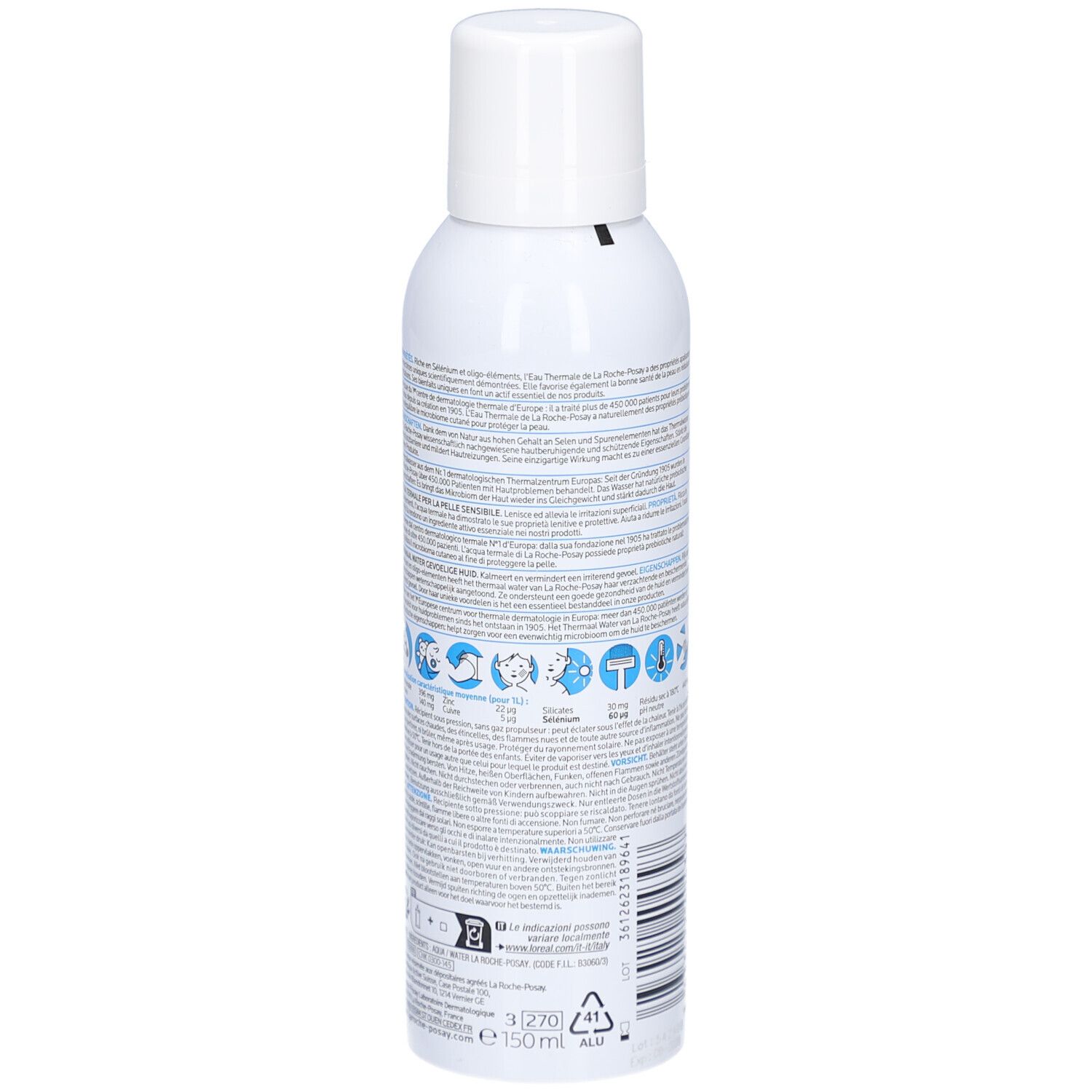 Weißes Spray, Rückseite mit Text und Piktogrammen. Produktname: Thermalwasser. Hersteller: La Roche-Posay. Mit Barcode.