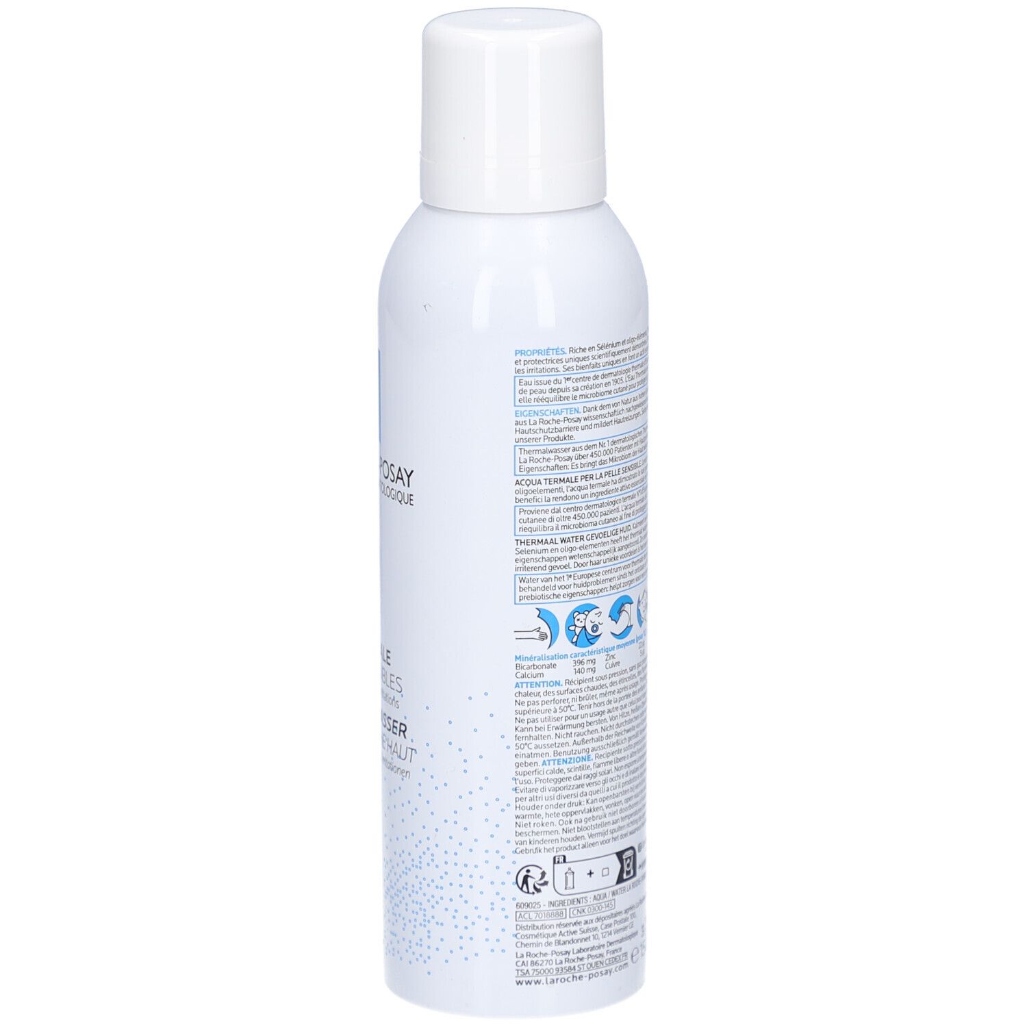 Weißes Spray, Rückseite mit Text und Piktogrammen. Produktname: Thermalwasser. Hersteller: La Roche-Posay. Mit Barcode.