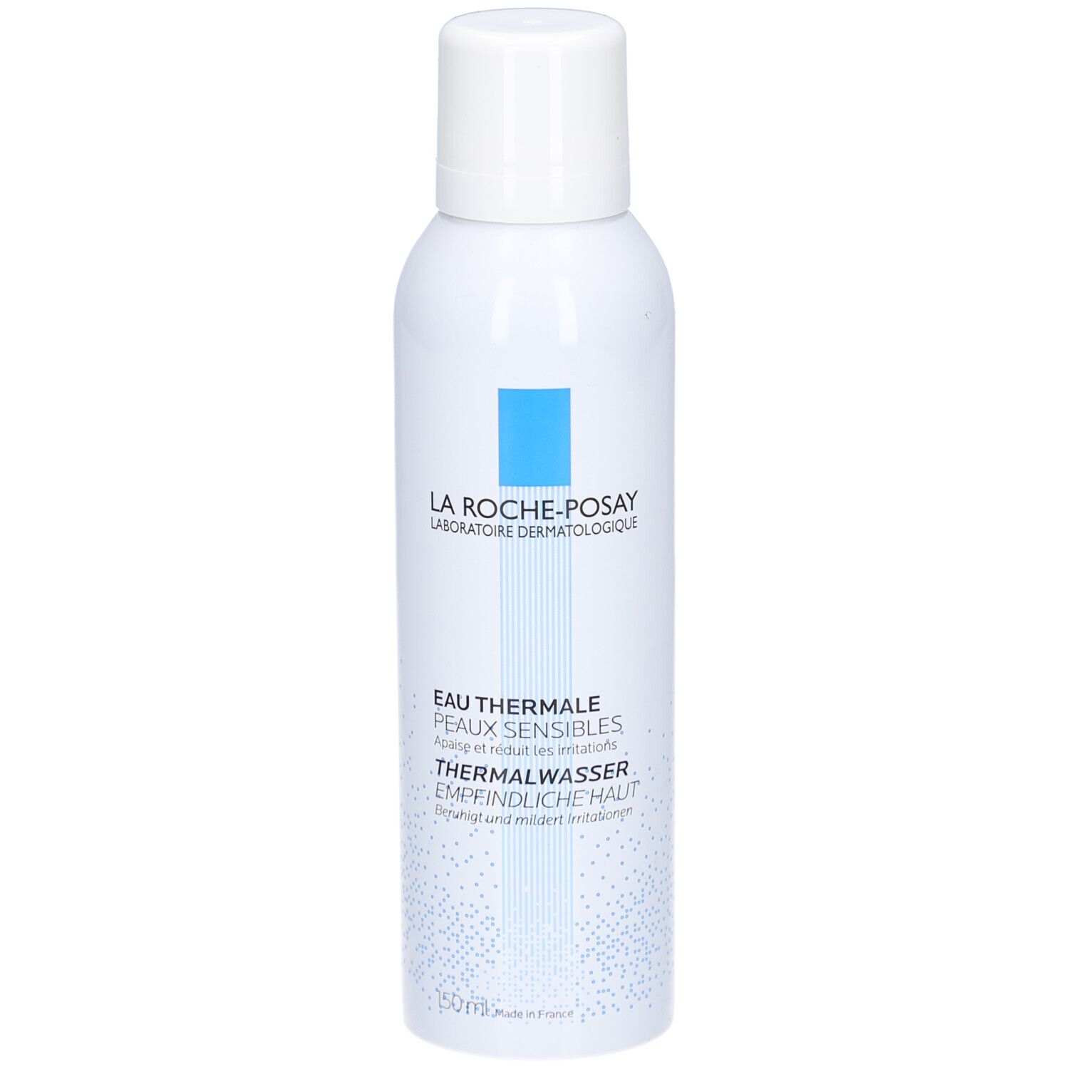 Weißes Spray mit blauem Logo und Schriftzug. Produktname: Thermalwasser. Für empfindliche Haut. Hersteller: La Roche-Posay.