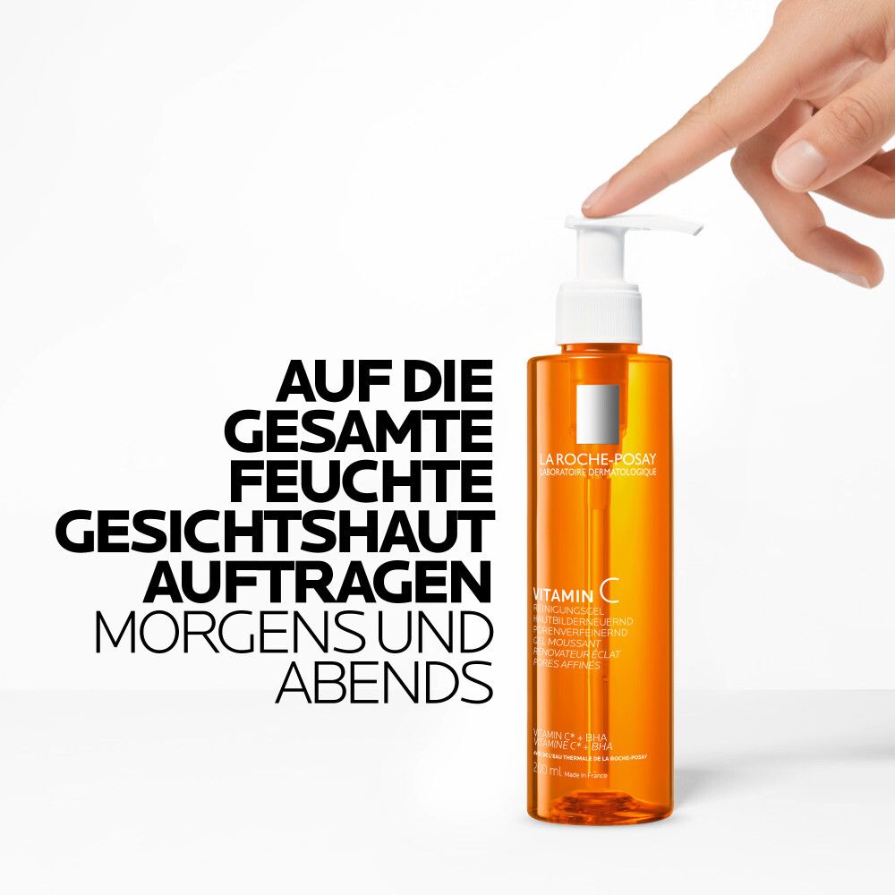 Orangefarbene Flasche mit Pumpe. Text: Auf die gesamte feuchte Gesichtshaut auftragen morgens und abends.