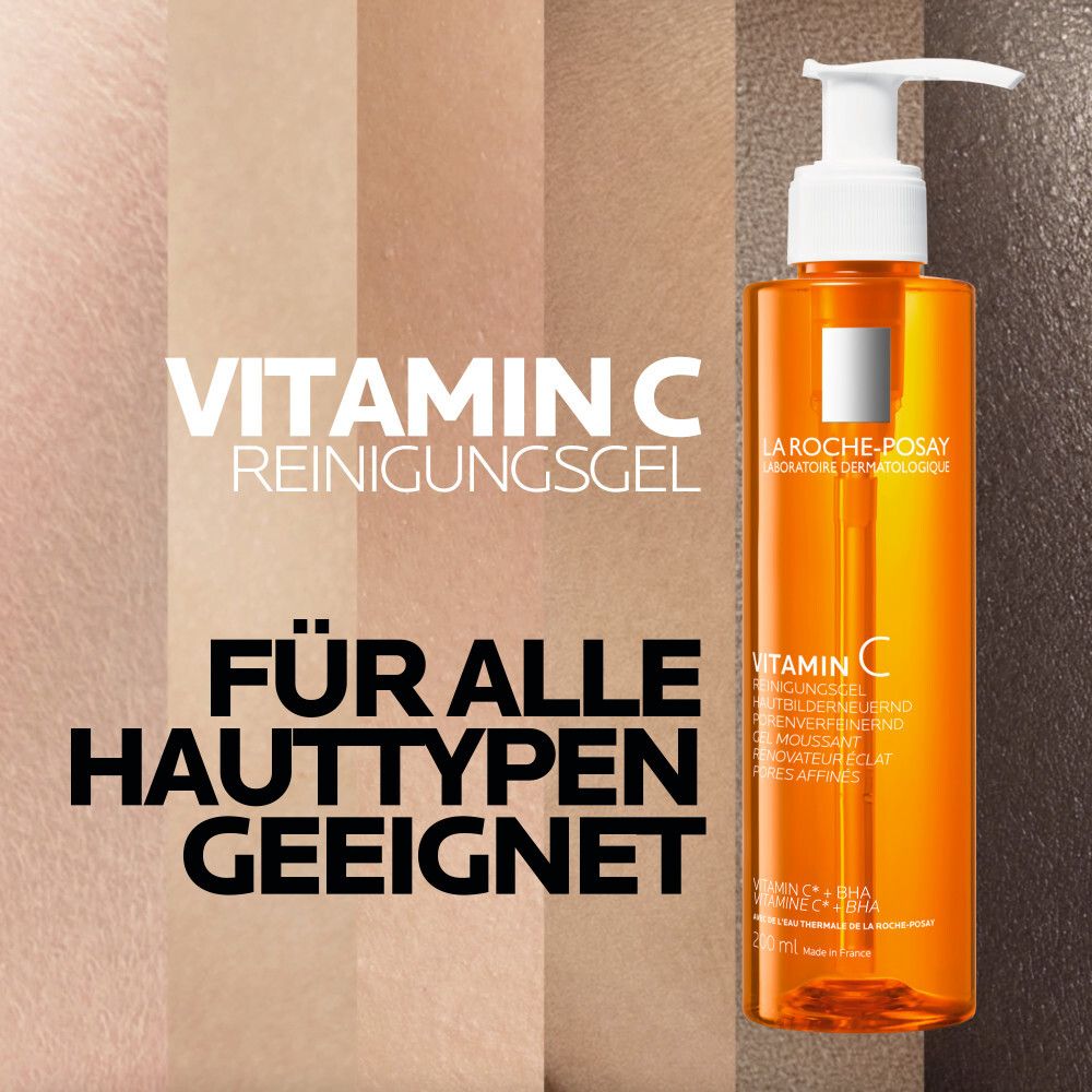 Orangefarbene Flasche mit Pumpe. Text: Für alle Hauttypen geeignet. Hintergrund: Hautfarben.