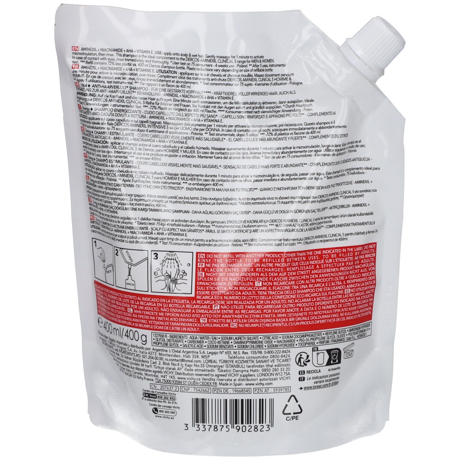 Rückseite der Shampoo-Nachfüllpackung. Text in mehreren Sprachen. 400 ml, 400 g.