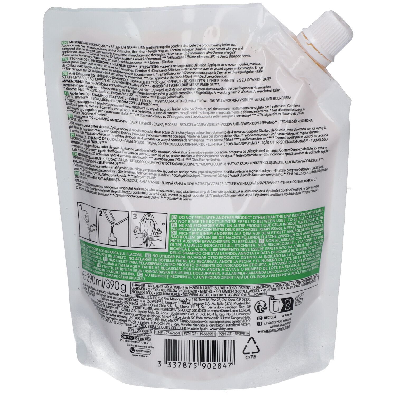 Rückseite des Vichy Dercos Anti-Schuppen Shampoo Nachfüllbeutels. Weißer Beutel mit Text und Illustrationen. 390ml.