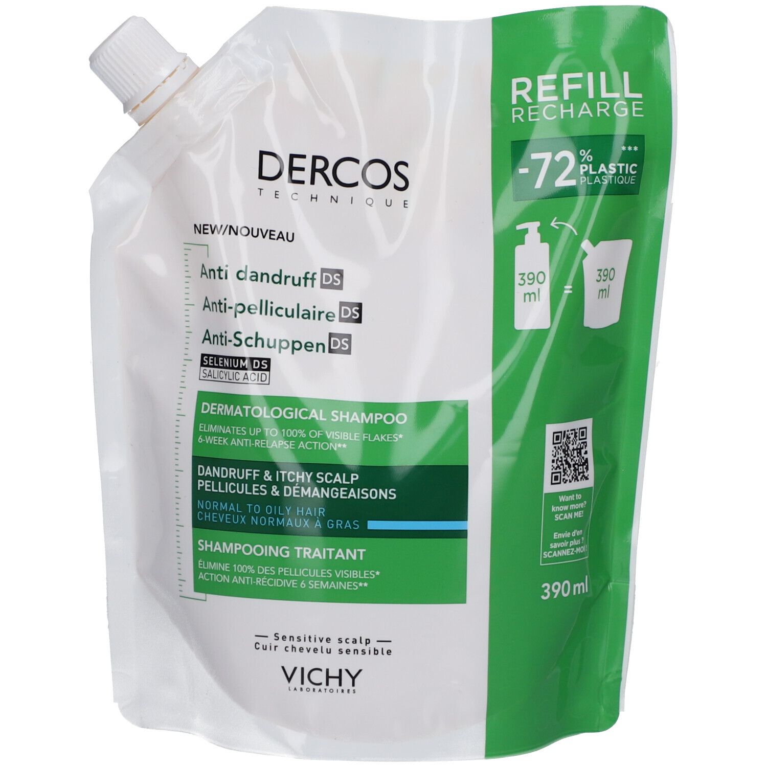 Nachfüllbeutel für Shampoo. Weiß mit grünem Akzent. Text: Dercos, Anti-Schuppen, 390 ml. Mit Ausgießer.