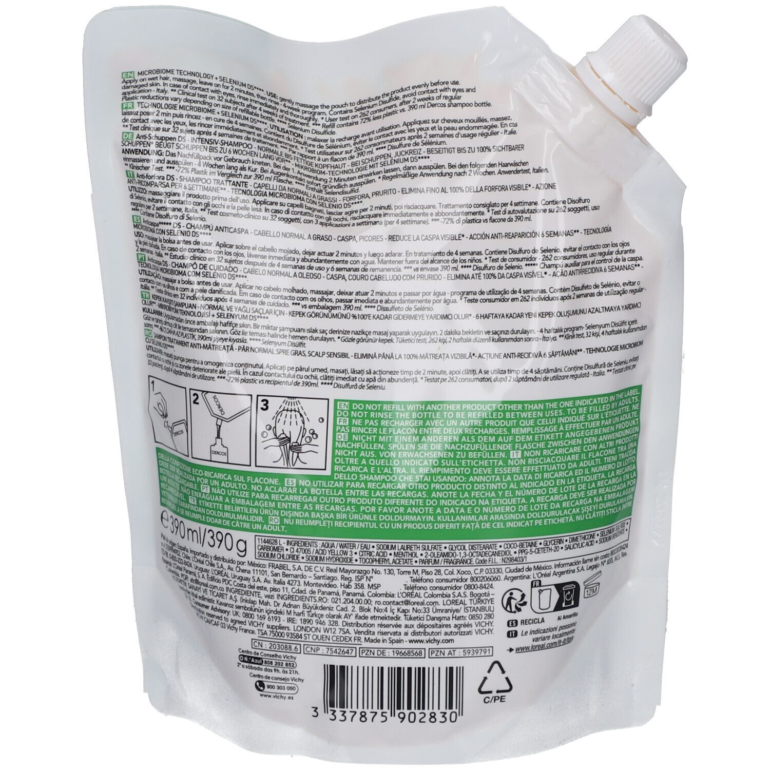 Rückseite des Shampoo-Nachfüllbeutels. Weiß mit Text und grünen Akzenten. Enthält Anweisungen und Inhaltsstoffe.
