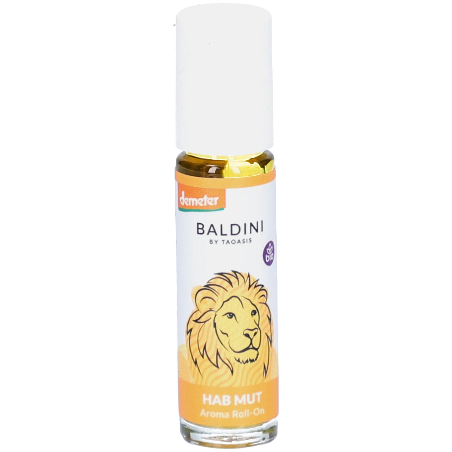 Roll-on-Flasche mit weißem Deckel. Aufschrift: BALDINI, HAB MUT. Löwen-Illustration. Demeter-Logo.