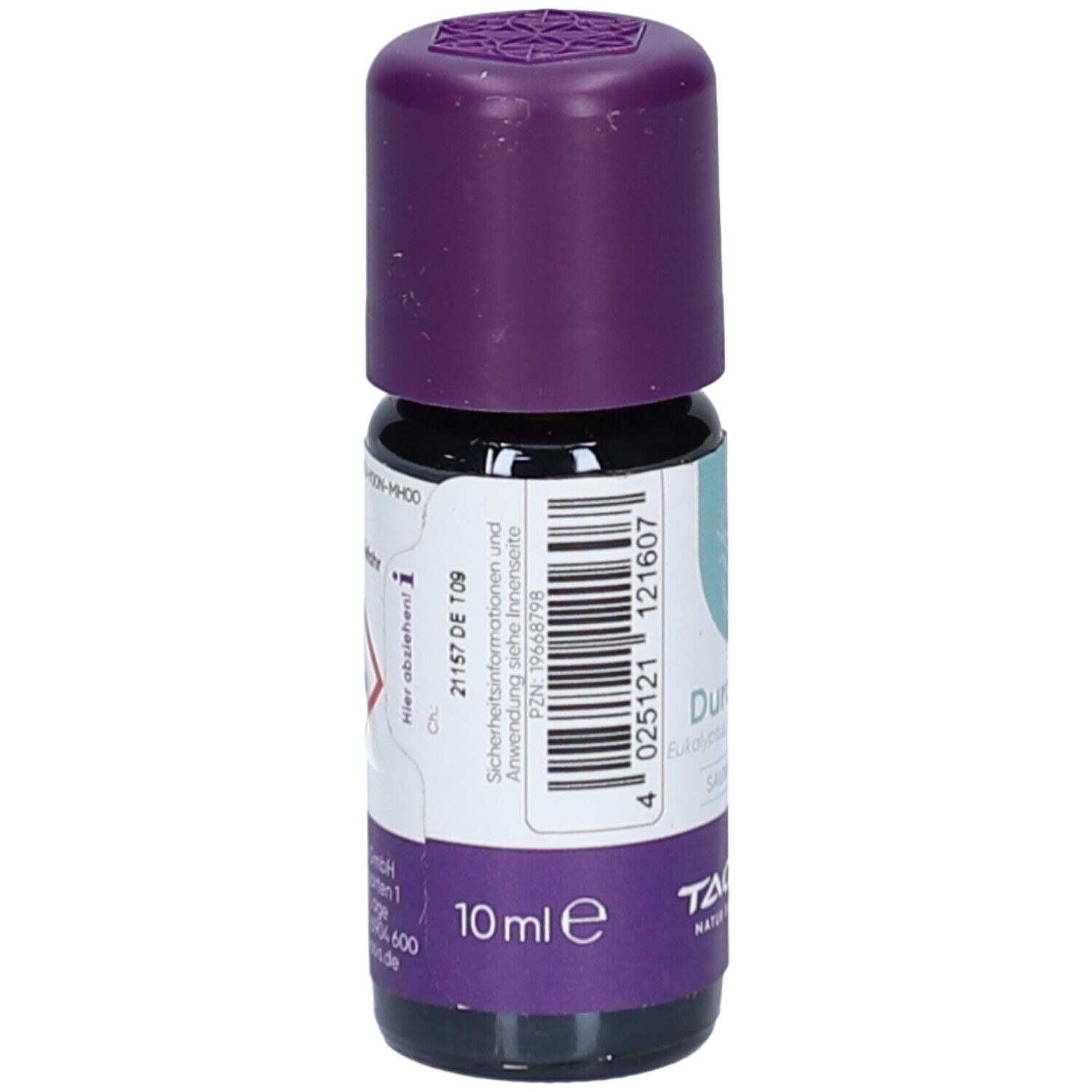 Kleine, braune Glasflasche mit lila Deckel. Aufschrift: 10 ml e. Rückseite mit Text und Barcode.