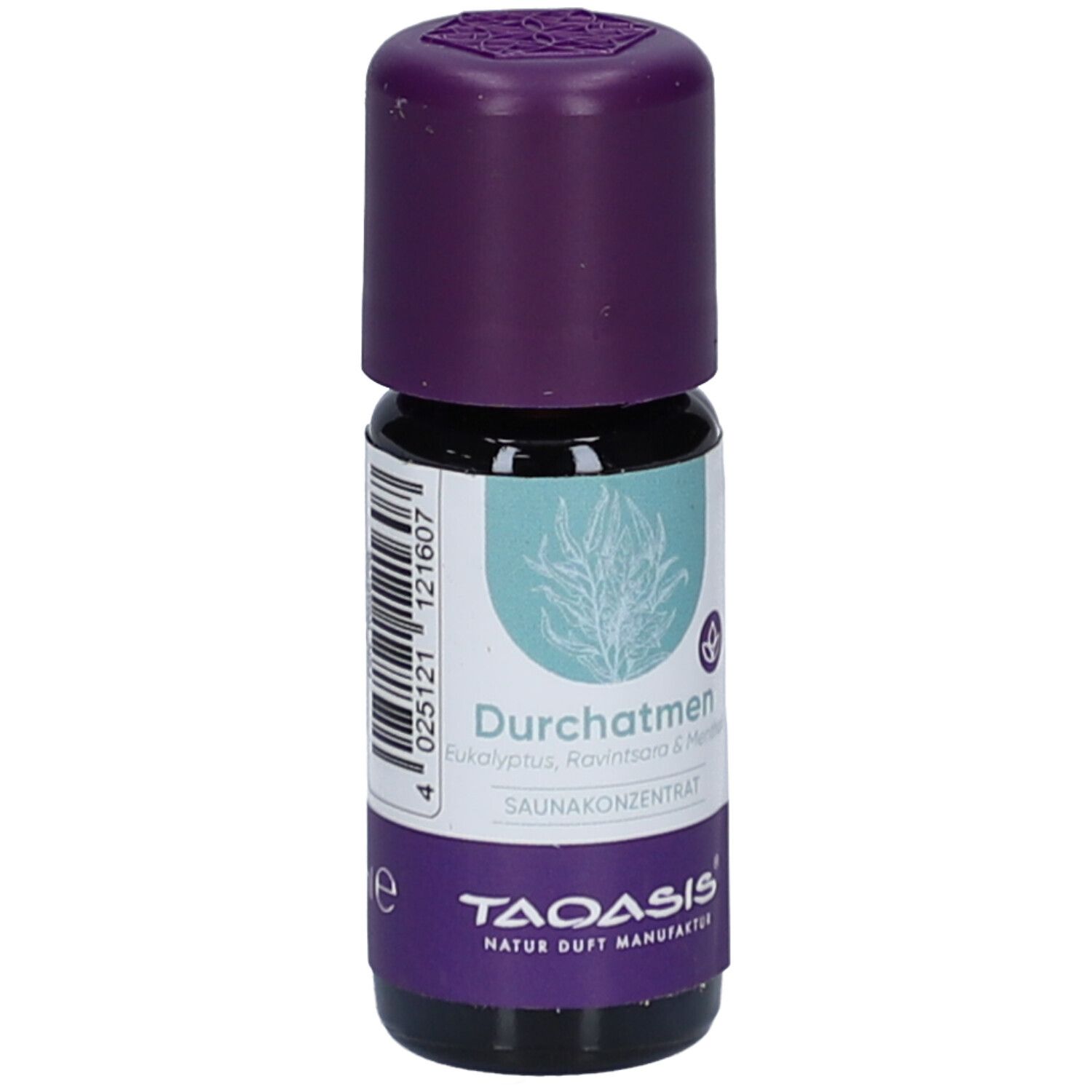 Kleine, braune Glasflasche mit lila Deckel. Aufschrift: Durchatmen, Sauna Konzentrat. Marke: TAOASIS.