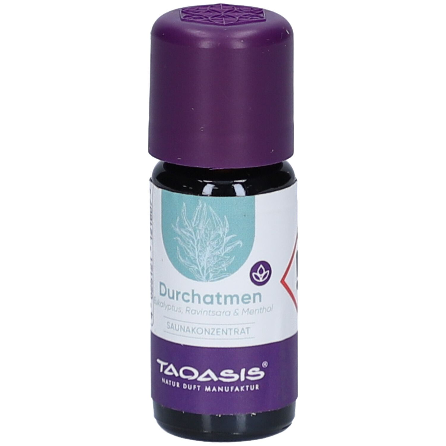 Braune Glasflasche mit lila Deckel. Aufschrift: Durchatmen, Sauna Konzentrat. Gefahrensymbol.