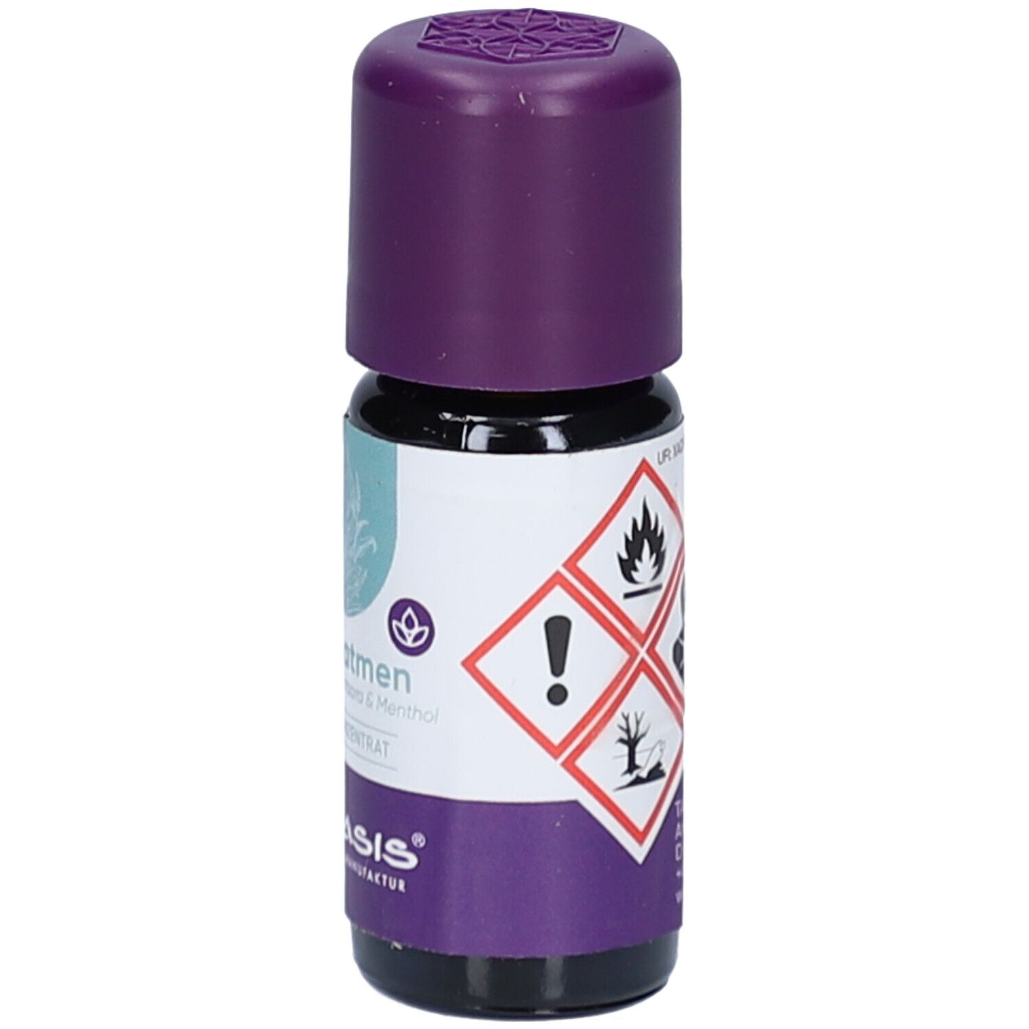 Braune Glasflasche mit lila Deckel. Gefahrensymbole auf dem Etikett. Marke: TAOASIS.