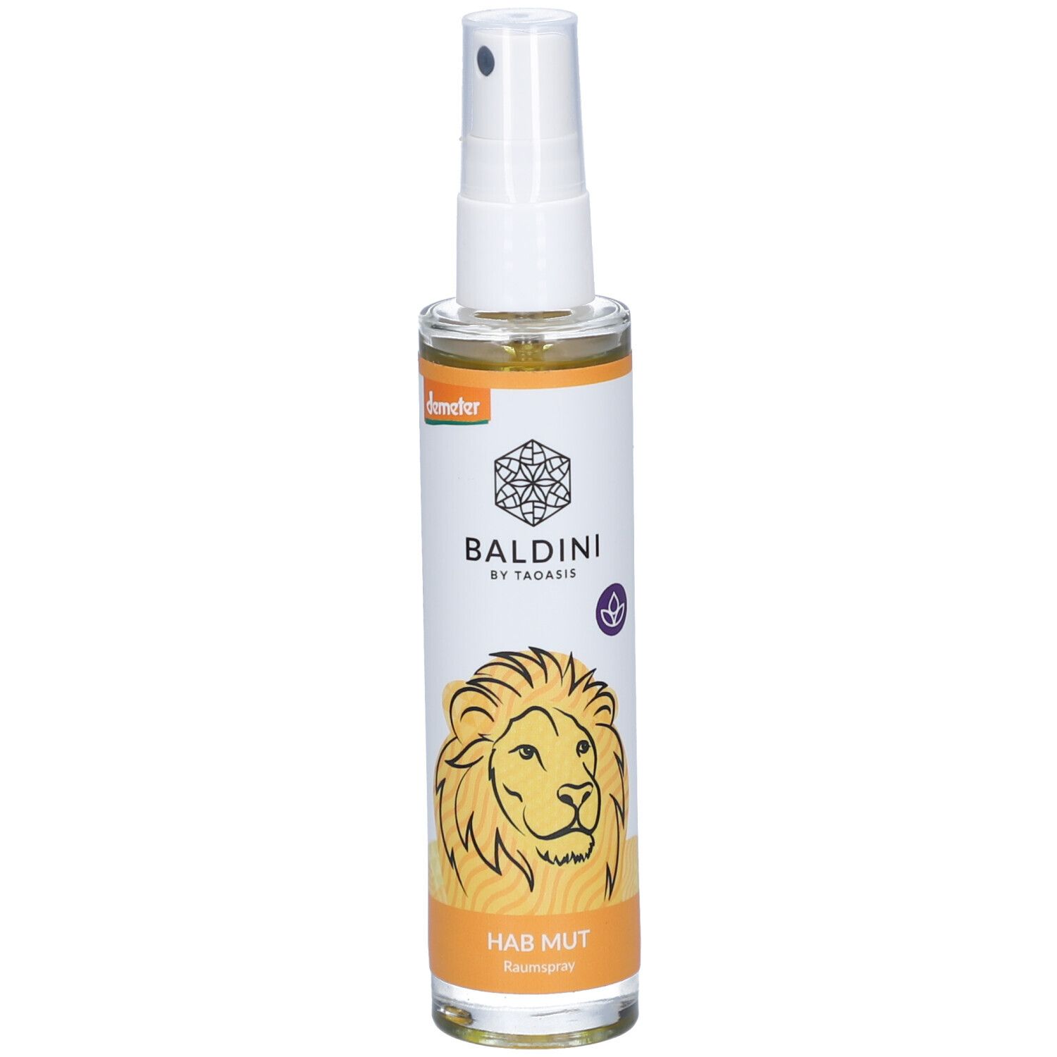 Sprühflasche mit weißem Sprühkopf. Auf dem Etikett: BALDINI, Löwen-Illustration, HAB MUT. Orangefarbener Streifen.