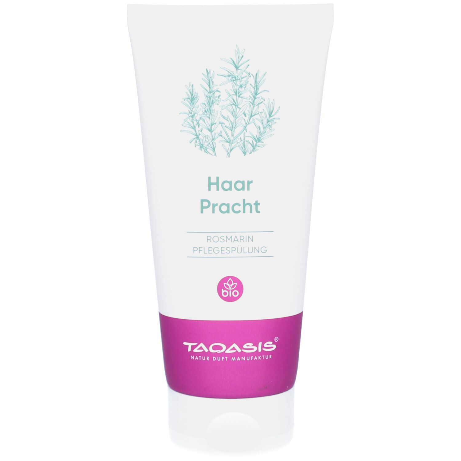 Weiß-pinke Tube mit „Haar Pracht“ und Rosmarin-Illustration. „Rosmarin Pflegespülung“ und „TAOASIS“ Schriftzug.