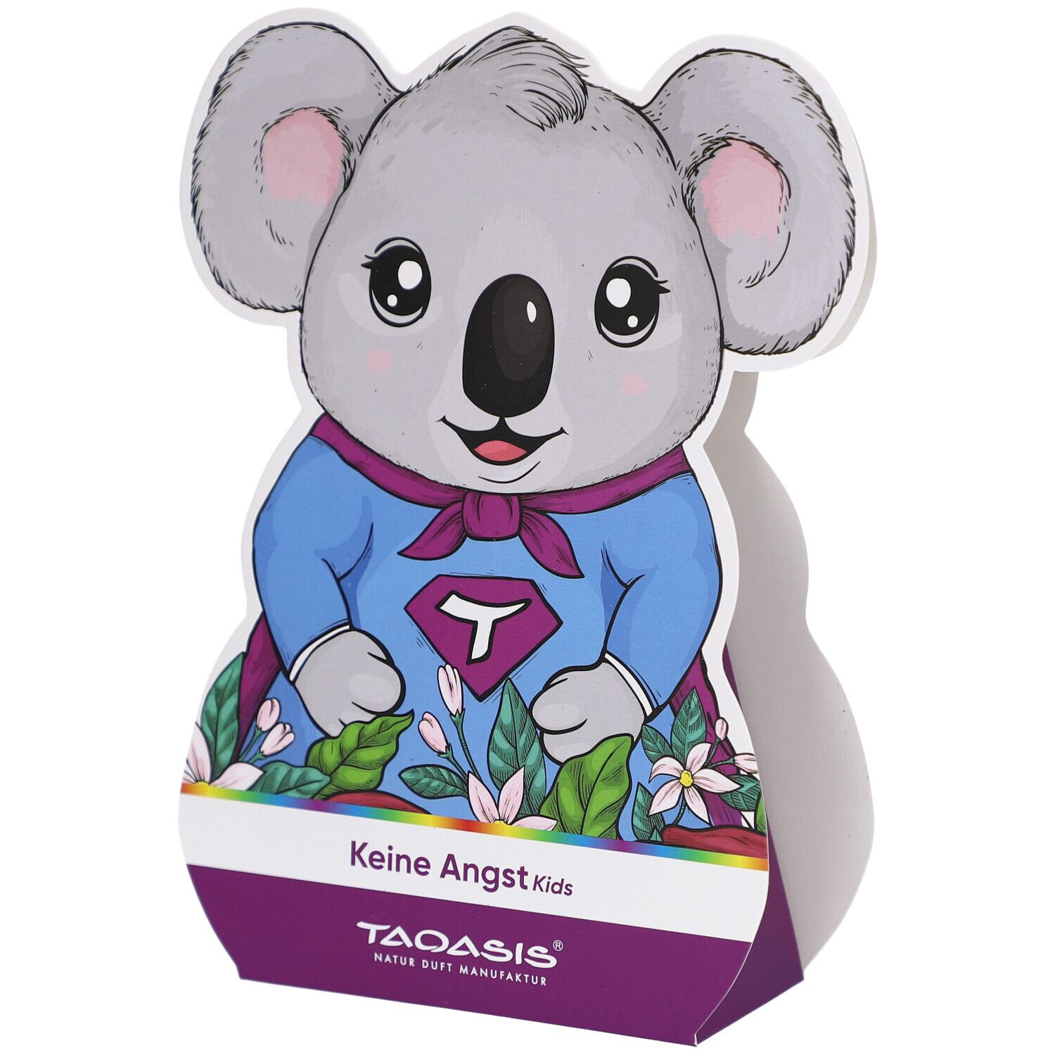 Verpackung in Koala-Form. Aufdruck: Koala-Illustration mit Superhelden-Outfit. Text: Keine Angst Kids. Logo: TAOASIS.