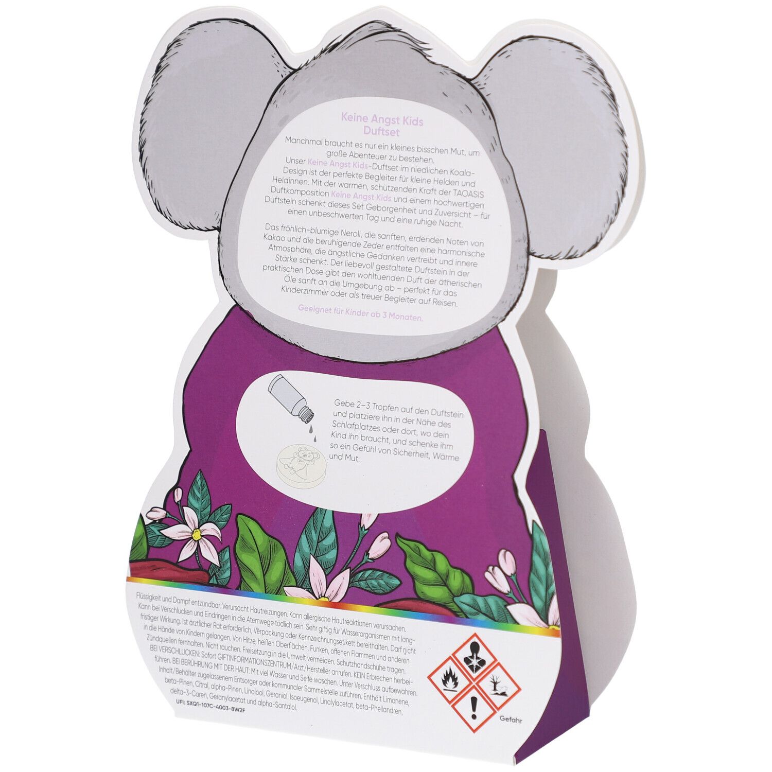 Rückseite der Koala-Verpackung. Text und Illustrationen. Warnhinweise und Piktogramme.