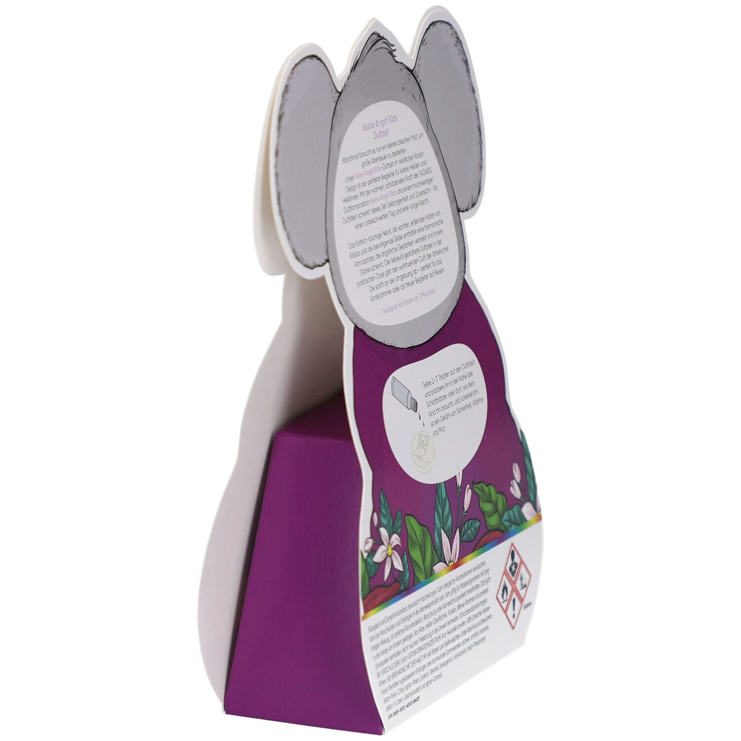 Koala-Verpackung, seitliche Ansicht. Rückseite mit Text und Illustrationen. Warnhinweise und Piktogramme.