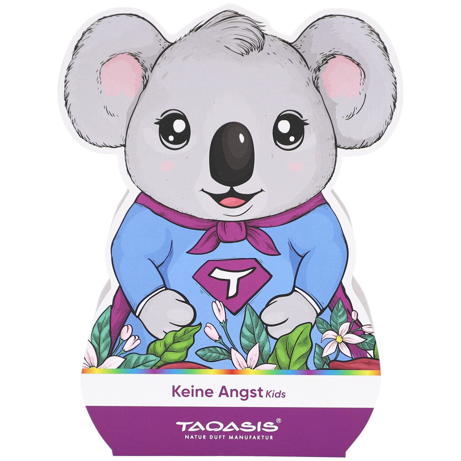 Koala-förmige Verpackung. Aufdruck: Koala-Illustration mit Superhelden-Outfit. Text: Keine Angst Kids. Logo: TAOASIS.