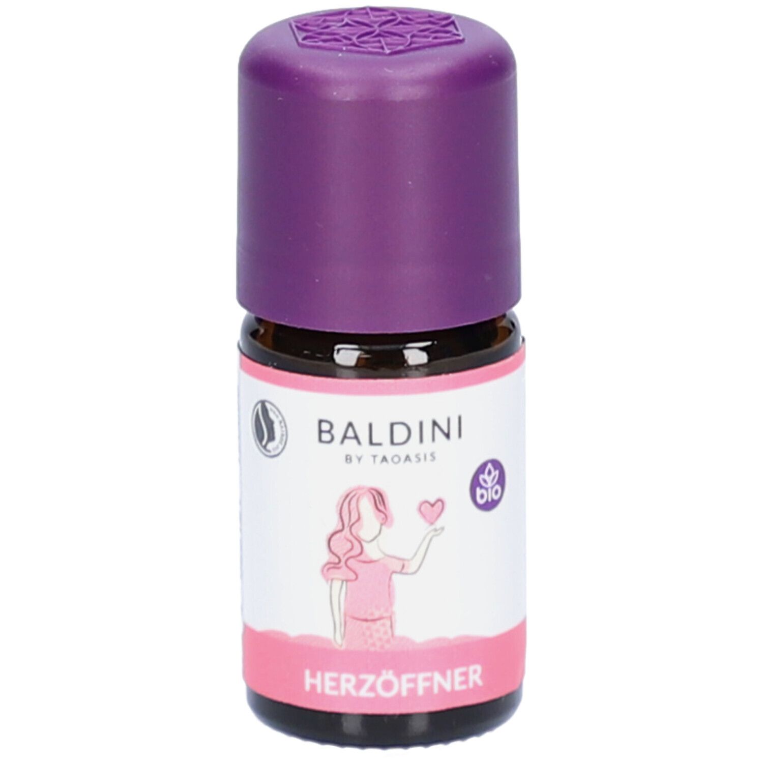 Braune Glasflasche mit lila Verschluss. Aufkleber mit Logo, Illustration und Schriftzug Herzöffner. Bio-Siegel.