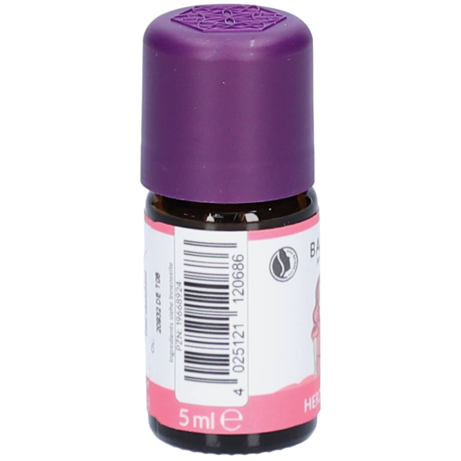 Braune Glasflasche mit lila Verschluss. Etikett mit Barcode und Schriftzug 5 ml. Aufkleber mit Logo und Schriftzug.