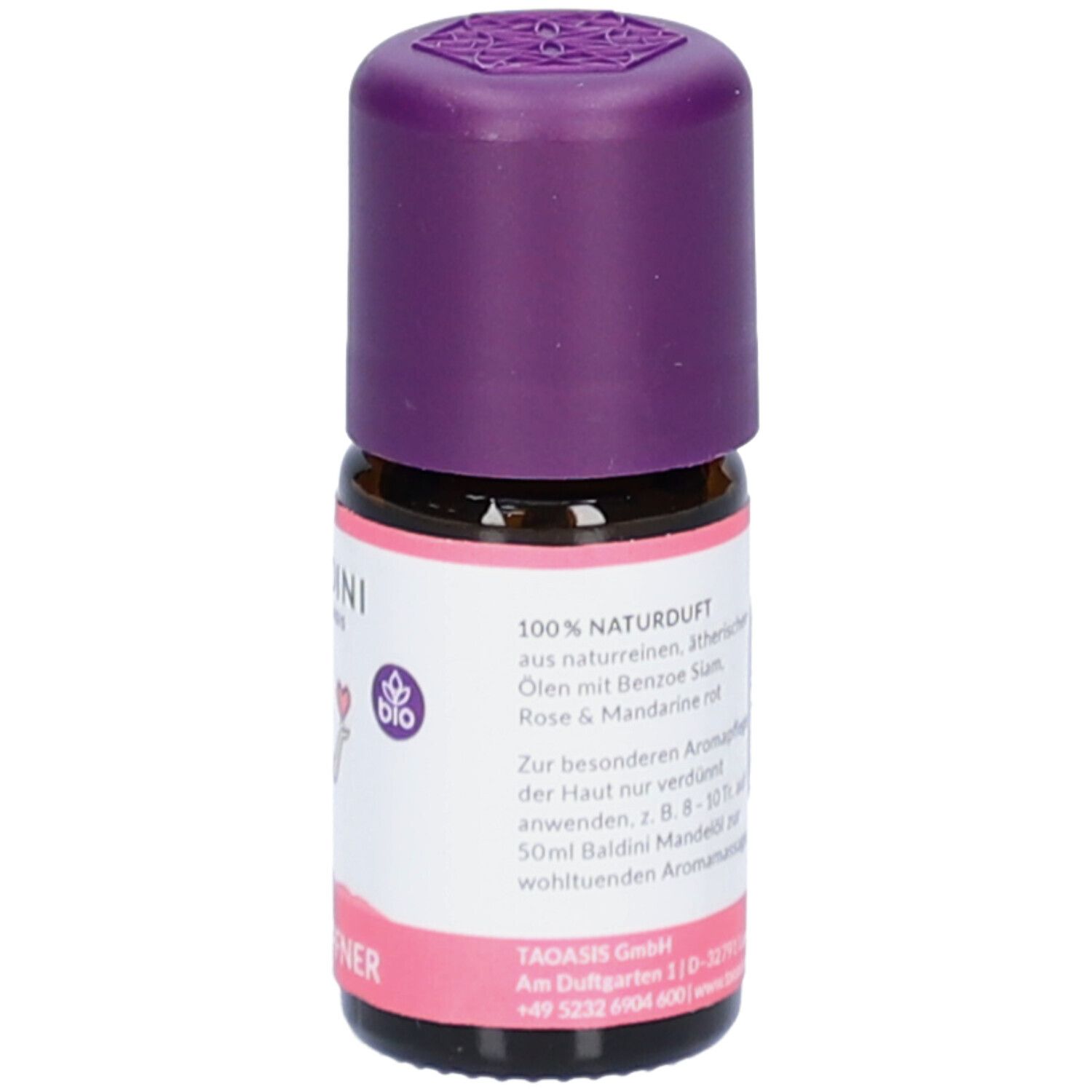 Braune Glasflasche mit lila Verschluss. Etikett mit Text 100% Naturduft und Inhaltsstoffen. Bio-Siegel.
