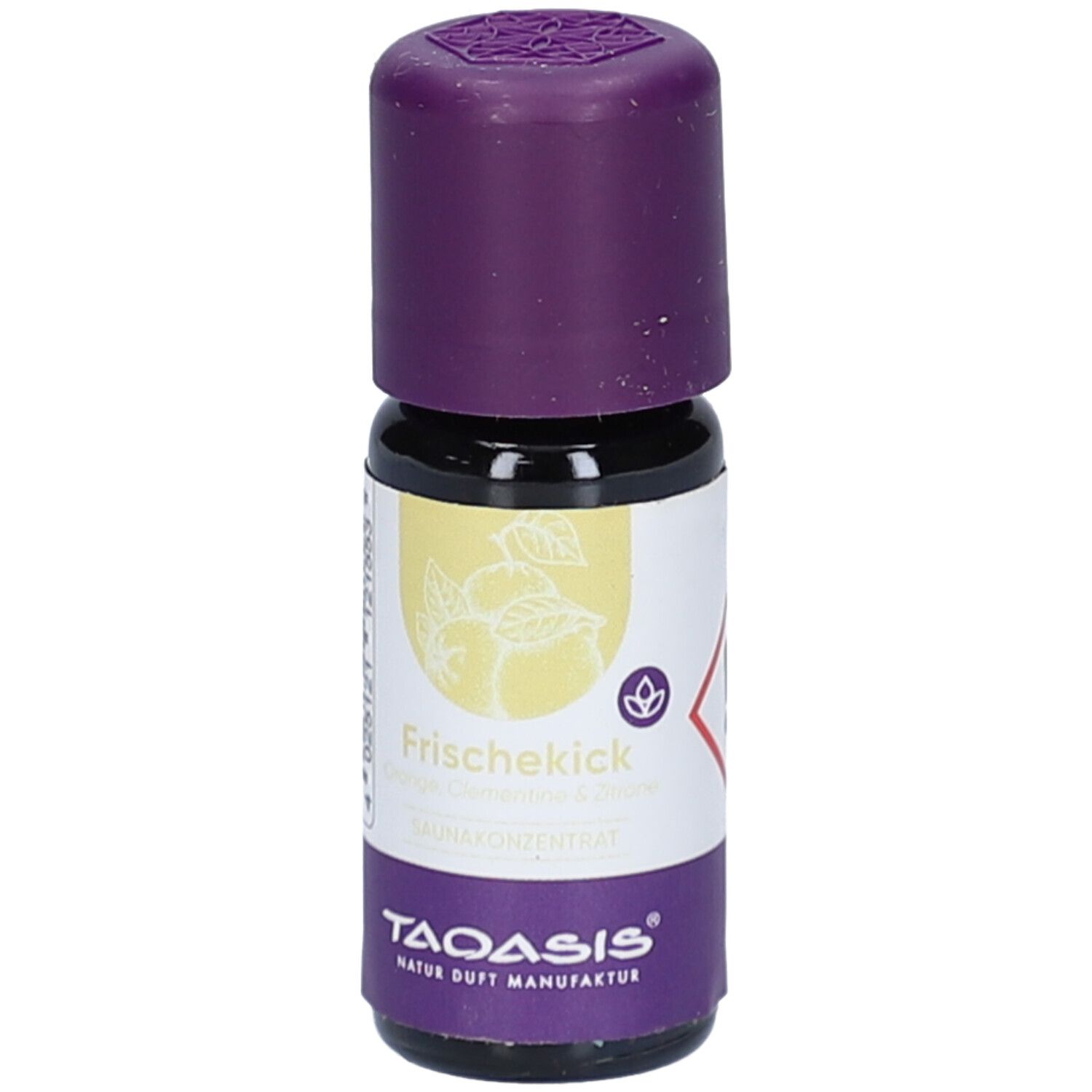 Kleine Glasflasche mit lila Verschluss. Auf dem Etikett steht "Frischekick" und ein Gefahrensymbol.