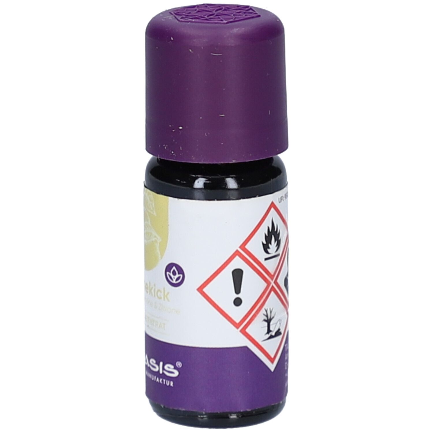 Kleine Glasflasche mit lila Verschluss. Auf dem Etikett sind Gefahrensymbole abgebildet.