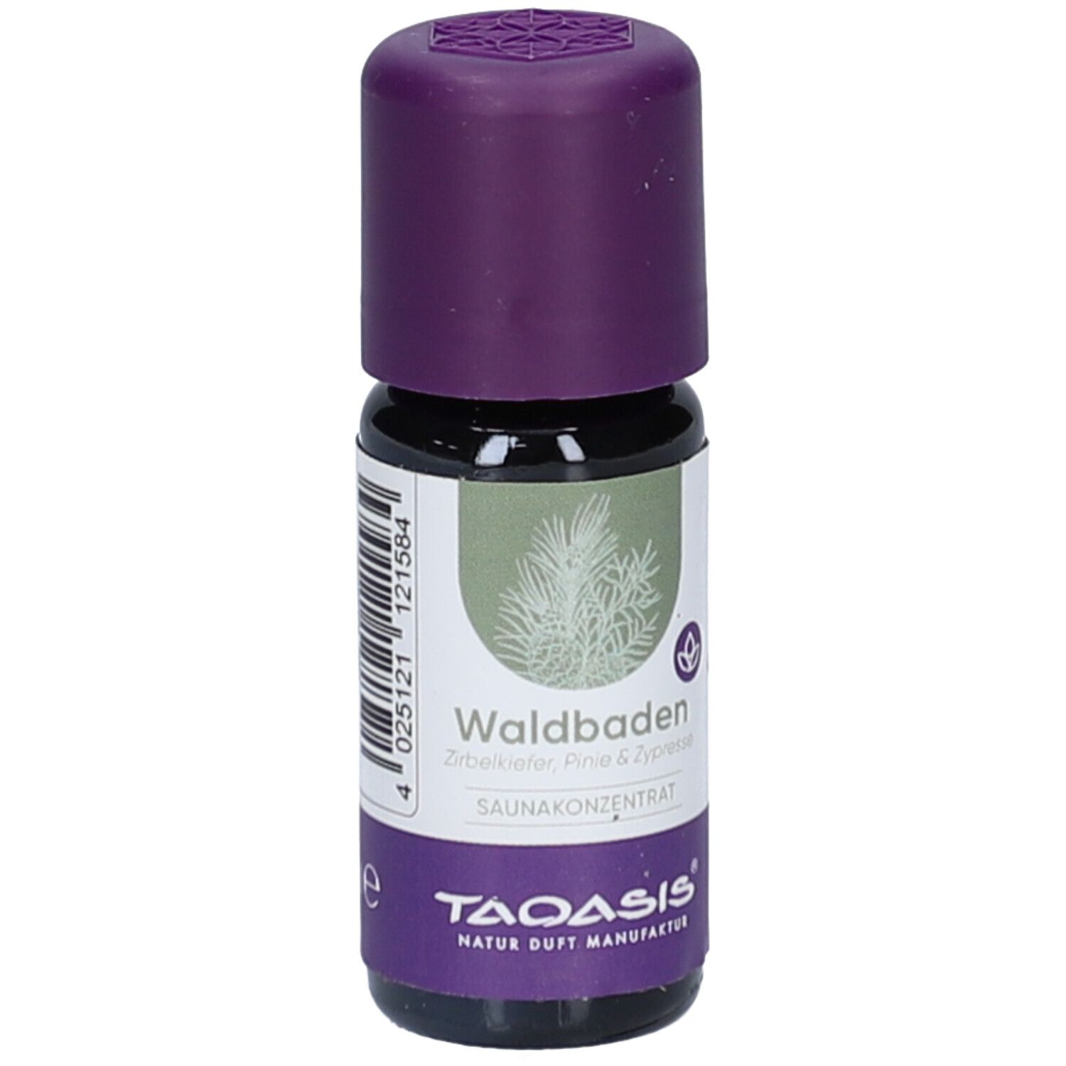 Kleine Flasche mit lila Deckel. Aufschrift: SAUNA KONZENTRAT Waldbaden. Marke TAOASIS. Grün-weiße Abbildung eines Nadelbaums.