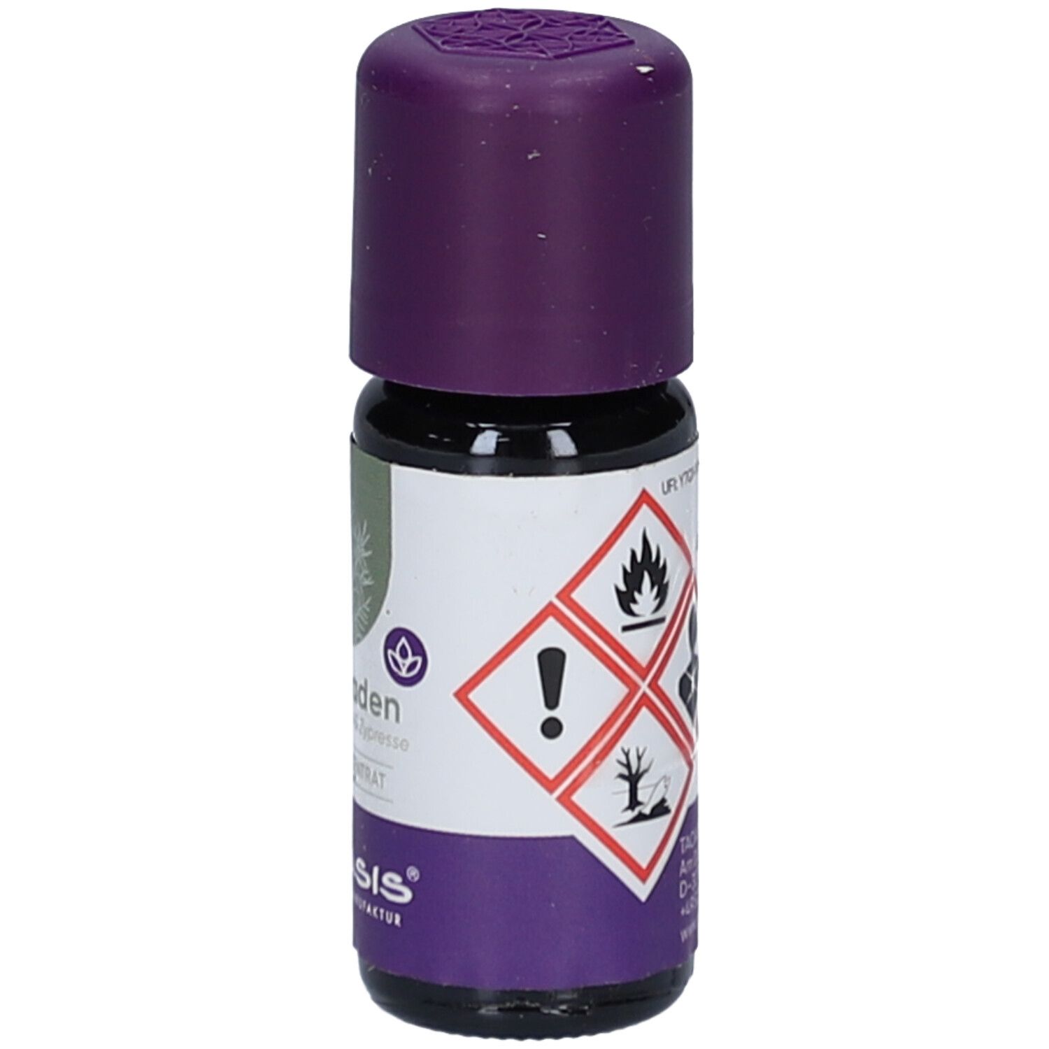 Kleine Flasche mit lila Deckel. Aufschrift: SAUNA KONZENTRAT Waldbaden. Marke TAOASIS. Gefahrensymbole.