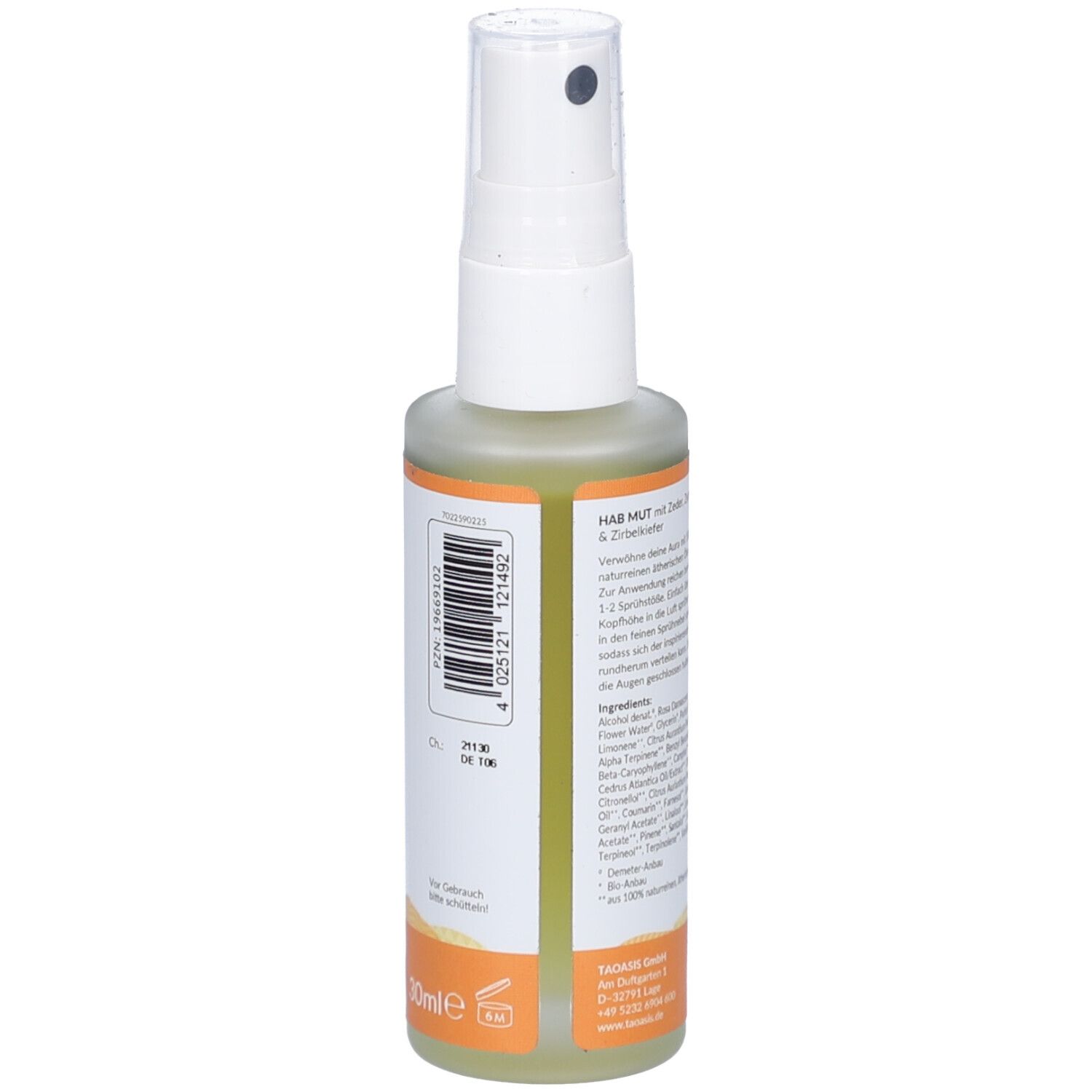 Auraspray-Flasche, Rückseite mit Text und Barcode. Weißer Sprühkopf, orangefarbener Streifen am Boden. 30ml.