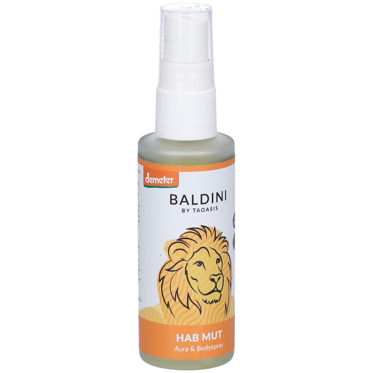 Auraspray-Flasche mit weißem Sprühkopf. Aufschrift: BALDINI, HAB MUT. Abbildung eines Löwen. Demeter-Siegel.