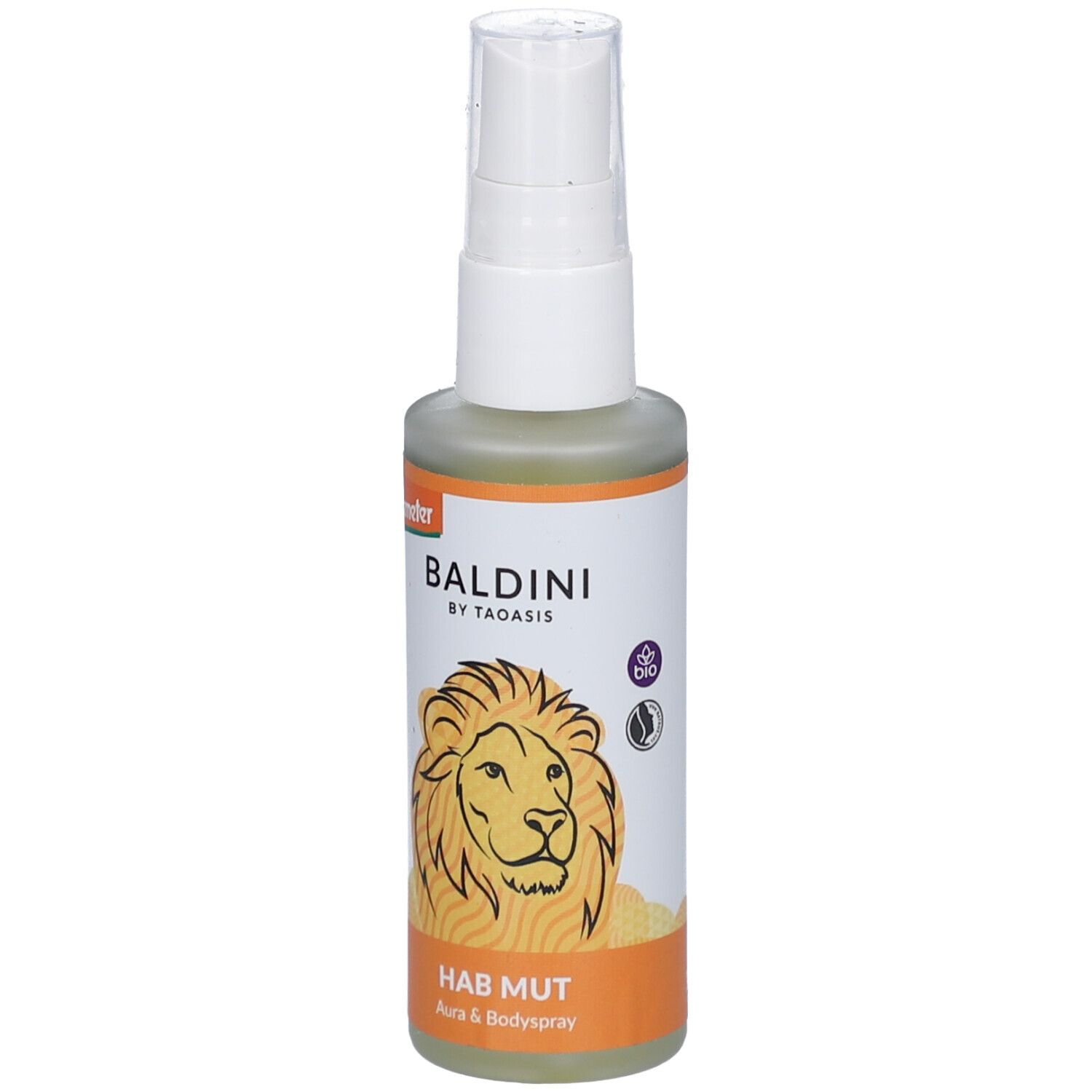 Auraspray-Flasche mit weißem Sprühkopf. Aufschrift: BALDINI, HAB MUT. Abbildung eines Löwen. Demeter-Siegel, Vegan-Siegel.