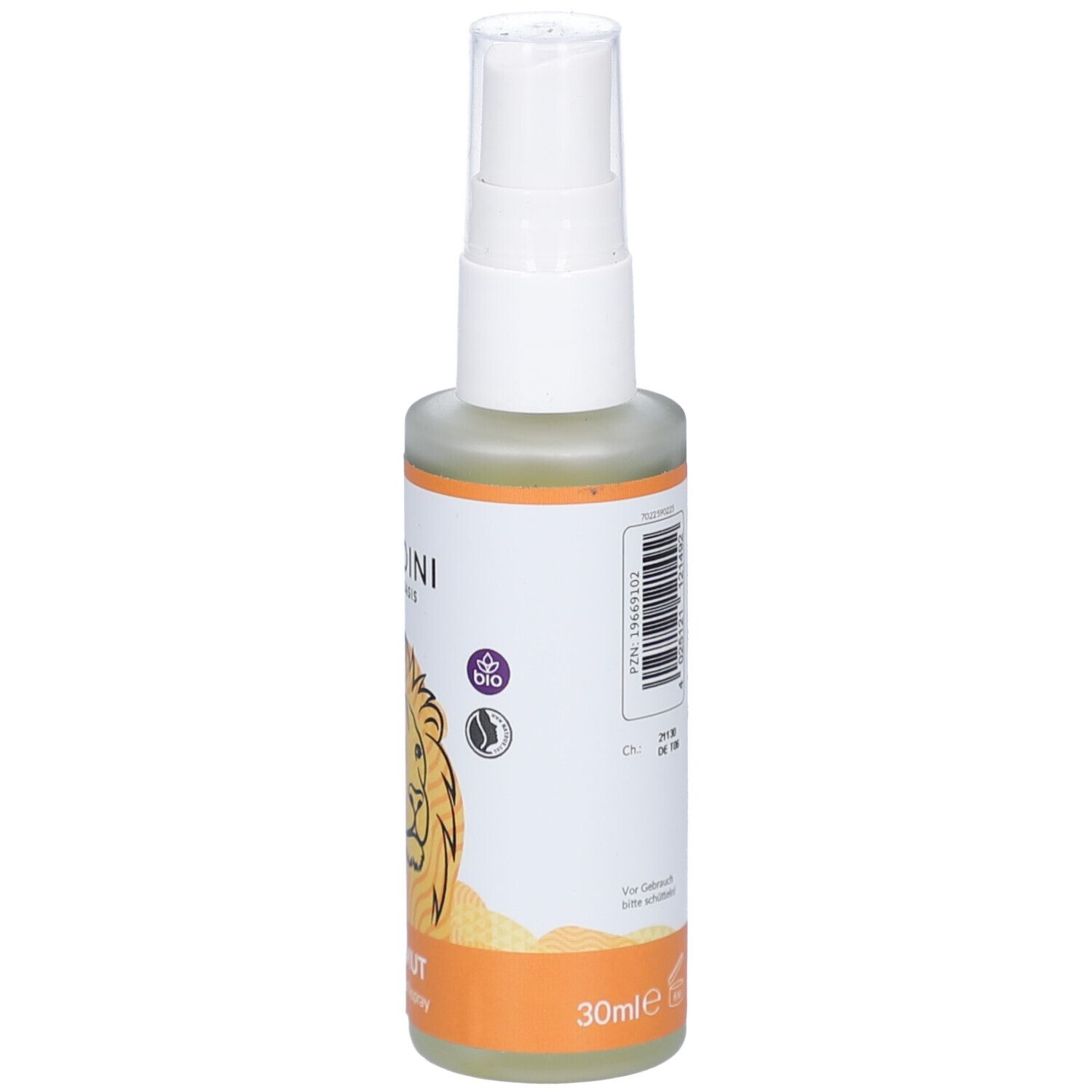 Auraspray-Flasche mit weißem Sprühkopf. Aufschrift: BALDINI, HAB MUT. Abbildung eines Löwen. Demeter-Siegel, Vegan-Siegel. 30ml.