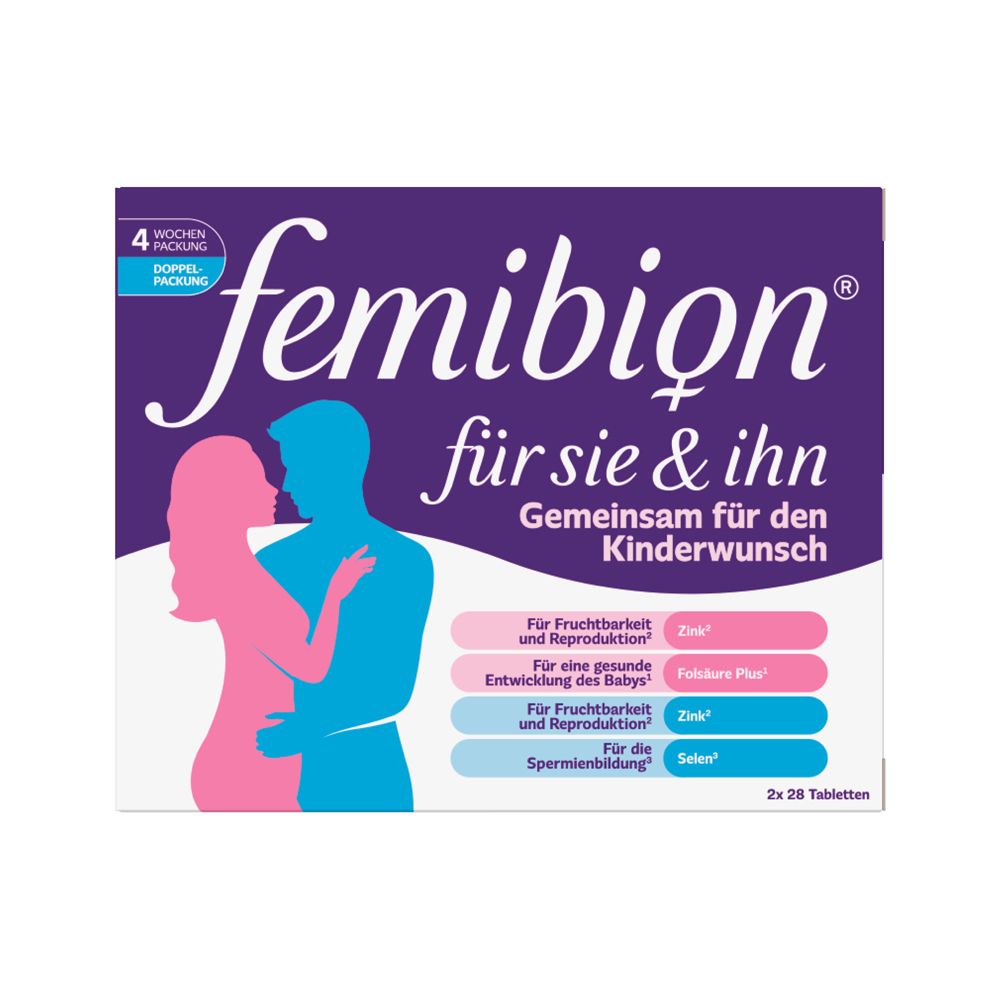 Femibion für Sie & Ihn, Tabletten. Lila Verpackung mit Umriss von Mann und Frau. Text: Gemeinsam für den Kinderwunsch.
