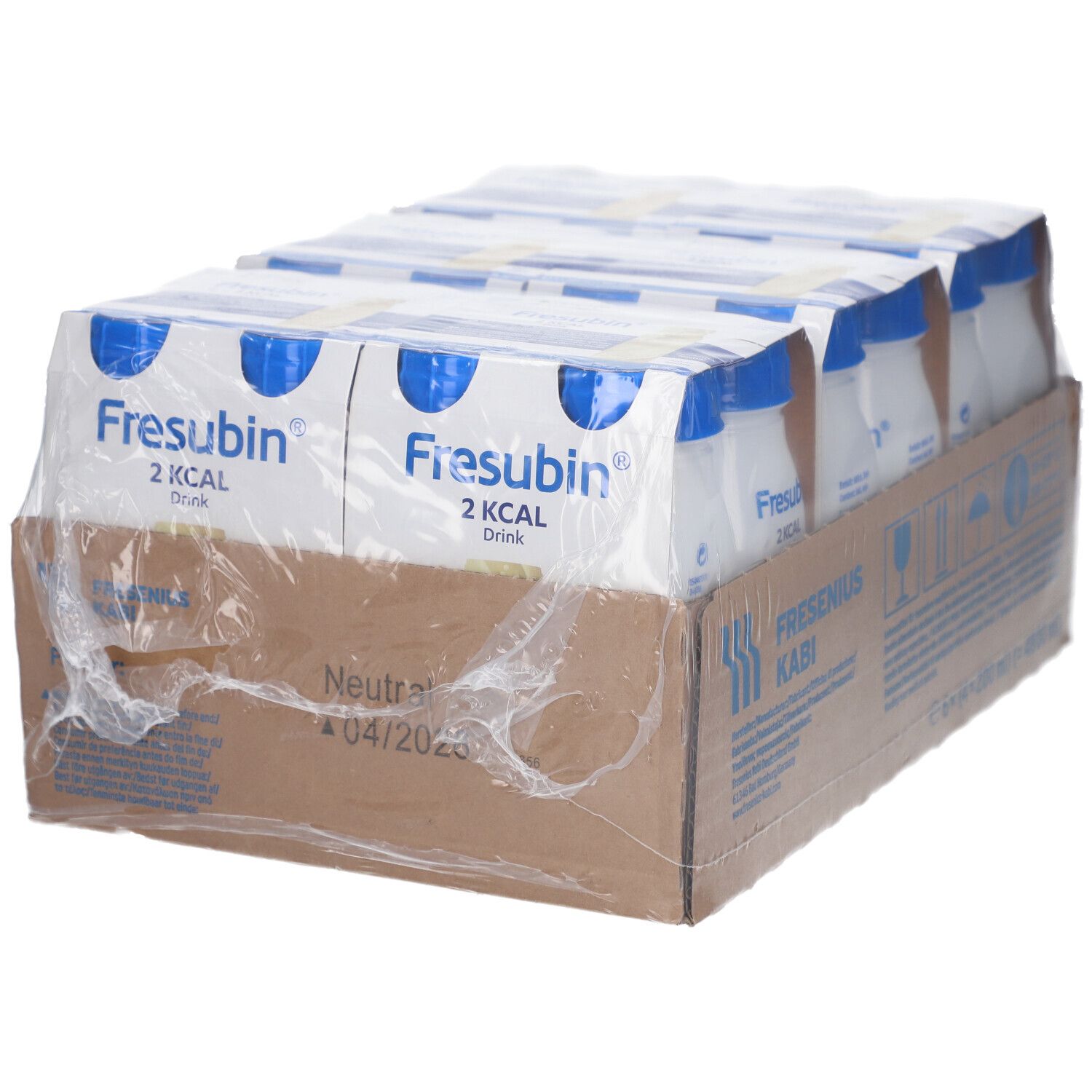 Karton mit Flaschen. Aufschrift: Fresubin 2 KCAL Drink. Verpackt in Folie. MHD: 04/2026.