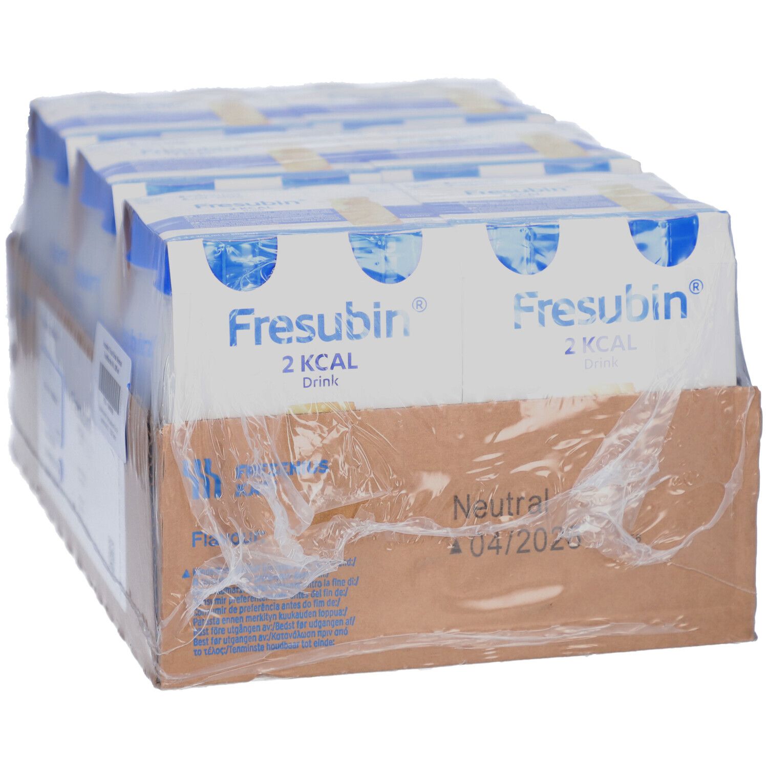 Karton mit Flaschen. Aufschrift: Fresubin 2 KCAL Drink. Verpackt in Folie. MHD: 04/2026. Neutral.