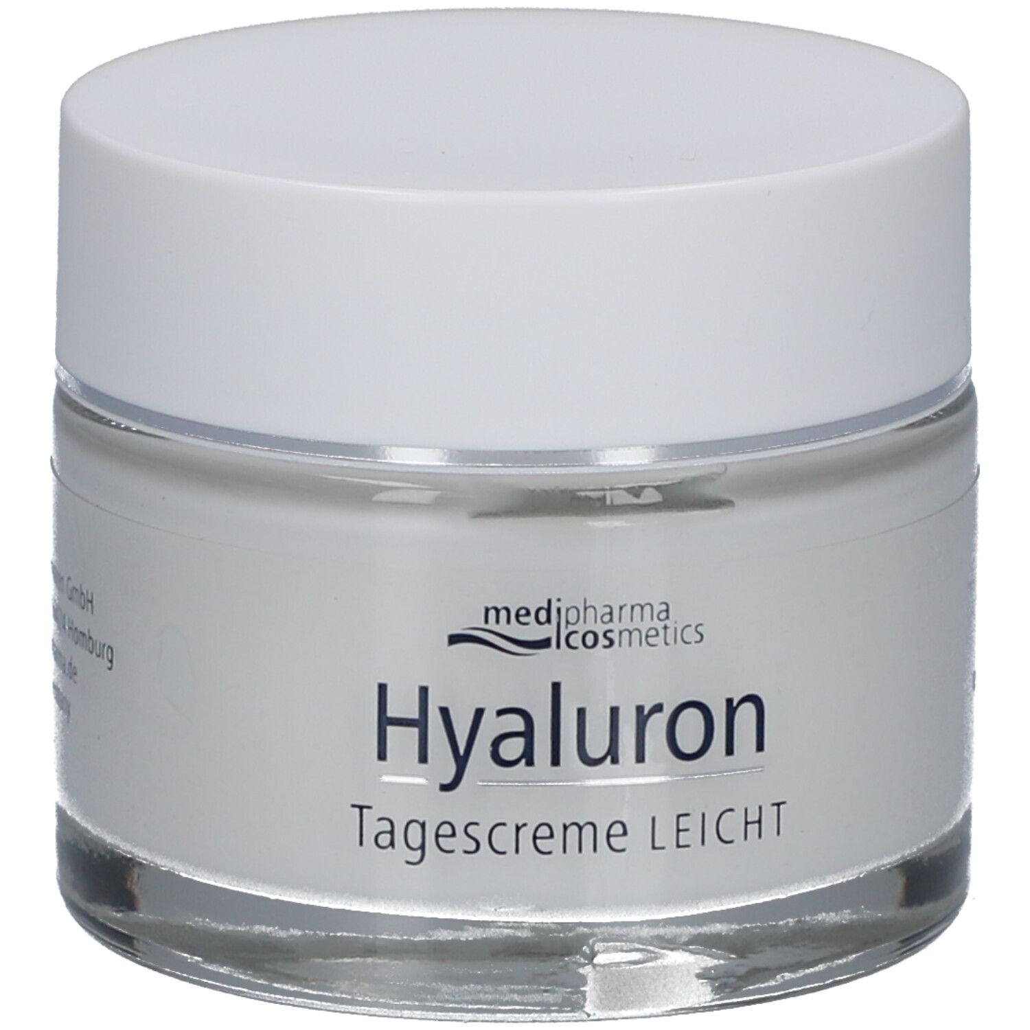 Creme-Tiegel mit weißem Deckel. Aufschrift: Hyaluron Tagescreme LEICHT. Marke: medipharma cosmetics.