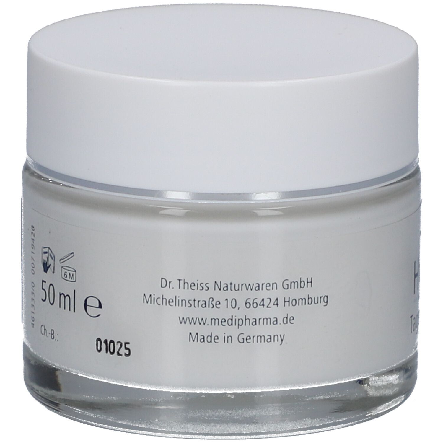 Rückseite des Creme-Tiegels. Aufschrift: 50 ml, Dr. Theiss Naturwaren GmbH. Made in Germany. Code: 01025.