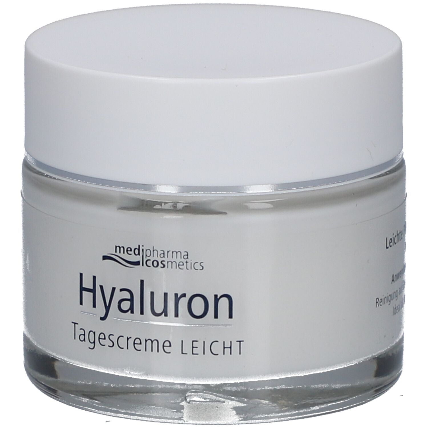 Creme-Tiegel mit weißem Deckel. Aufschrift: Hyaluron Tagescreme LEICHT. Marke: medipharma cosmetics.
