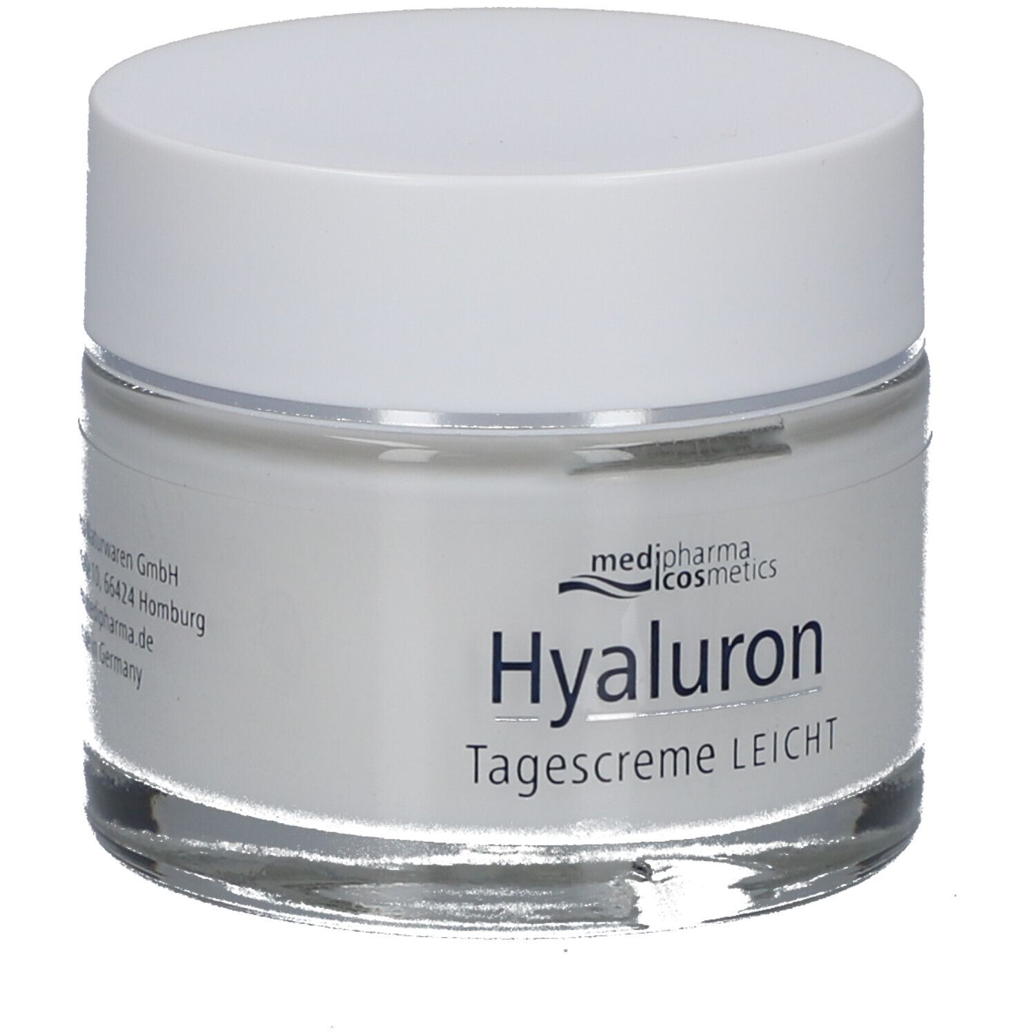 Creme-Tiegel mit weißem Deckel. Aufschrift: Hyaluron Tagescreme LEICHT. Marke: medipharma cosmetics.