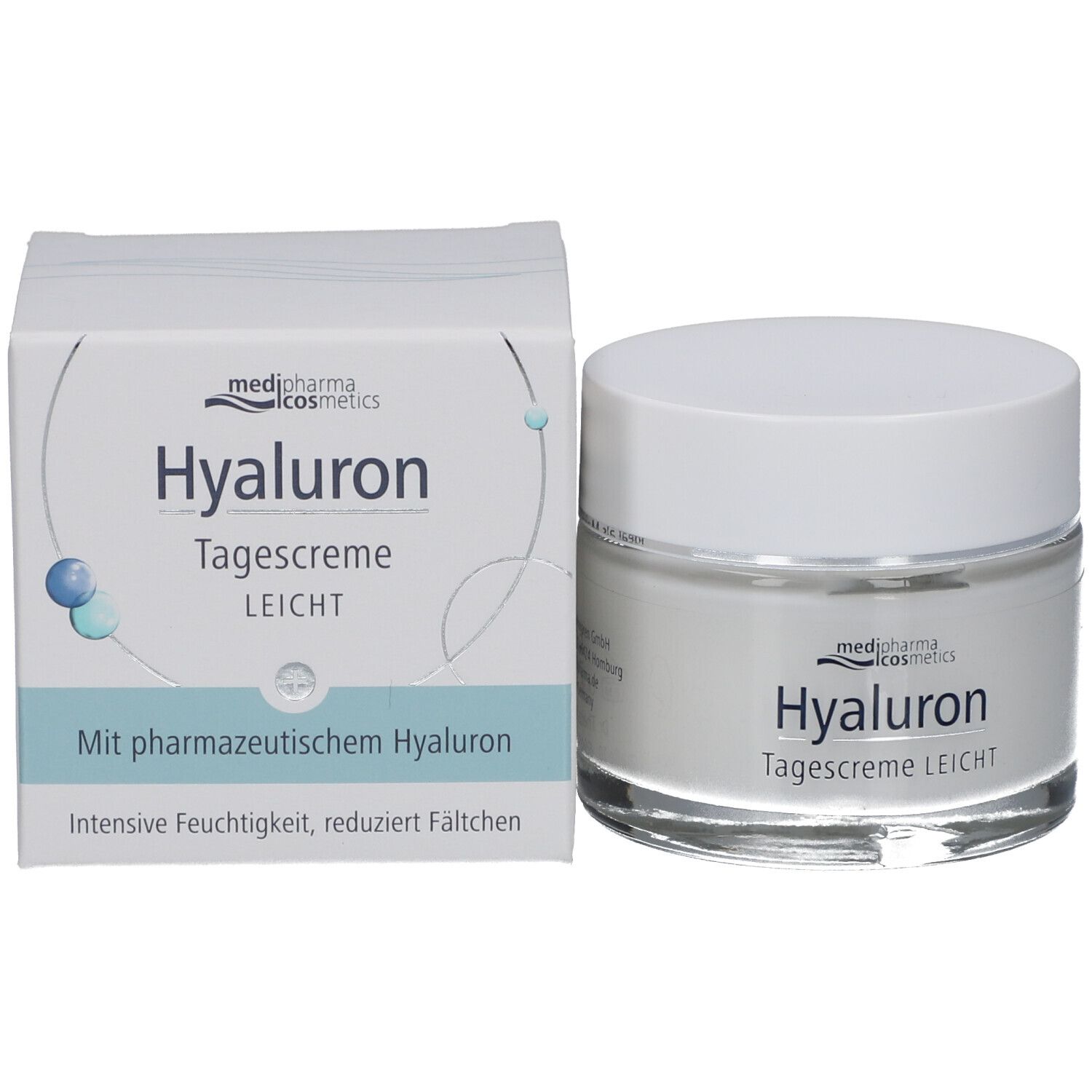 Creme-Tiegel und Schachtel. Aufschrift: Hyaluron Tagescreme LEICHT. Mit pharmazeutischem Hyaluron. Marke: medipharma cosmetics.