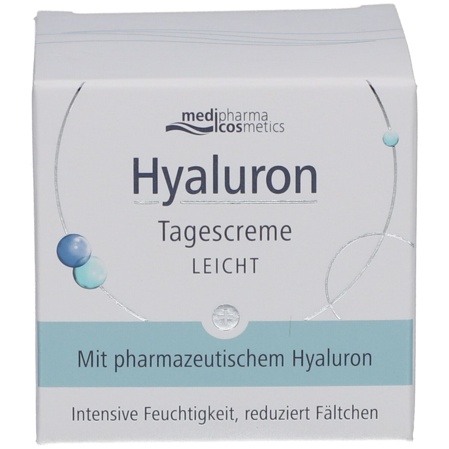 Schachtel mit Aufschrift: Hyaluron Tagescreme LEICHT. Mit pharmazeutischem Hyaluron. Marke: medipharma cosmetics.